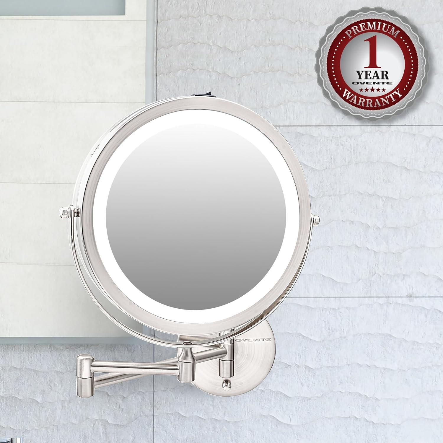 imageOVENTE Wall Mounted Lighted Makeup Mirror 9 Double Sided 1X10X Magnifying Vanity Mirror for Bathroom with LED Lights Cordless 360 Rotation and 13 Extendable Arm Polished Chrome MFW85CH1X10XNickel Brushed