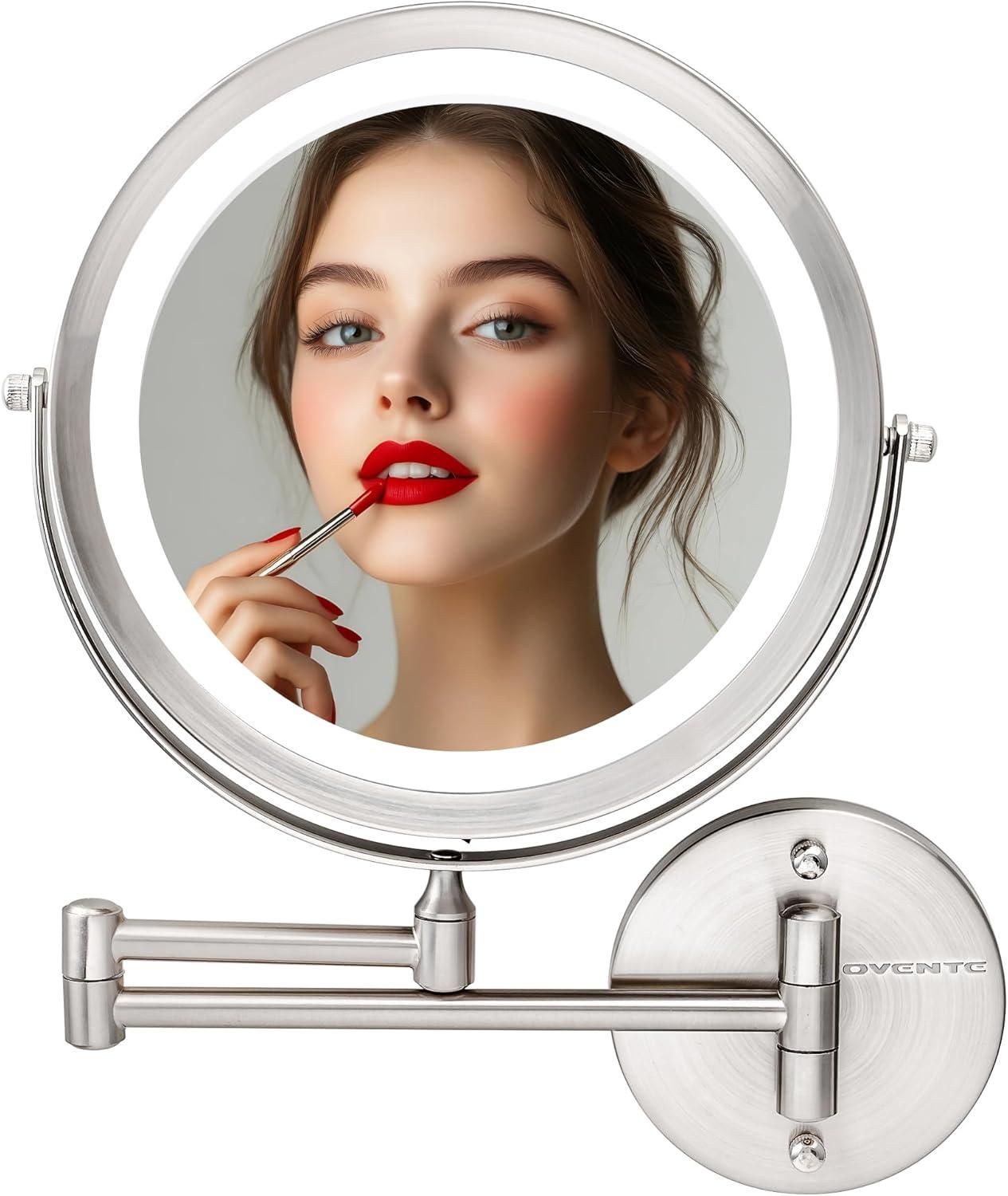 imageOVENTE Wall Mounted Lighted Makeup Mirror 9 Double Sided 1X10X Magnifying Vanity Mirror for Bathroom with LED Lights Cordless 360 Rotation and 13 Extendable Arm Polished Chrome MFW85CH1X10XNickel Brushed