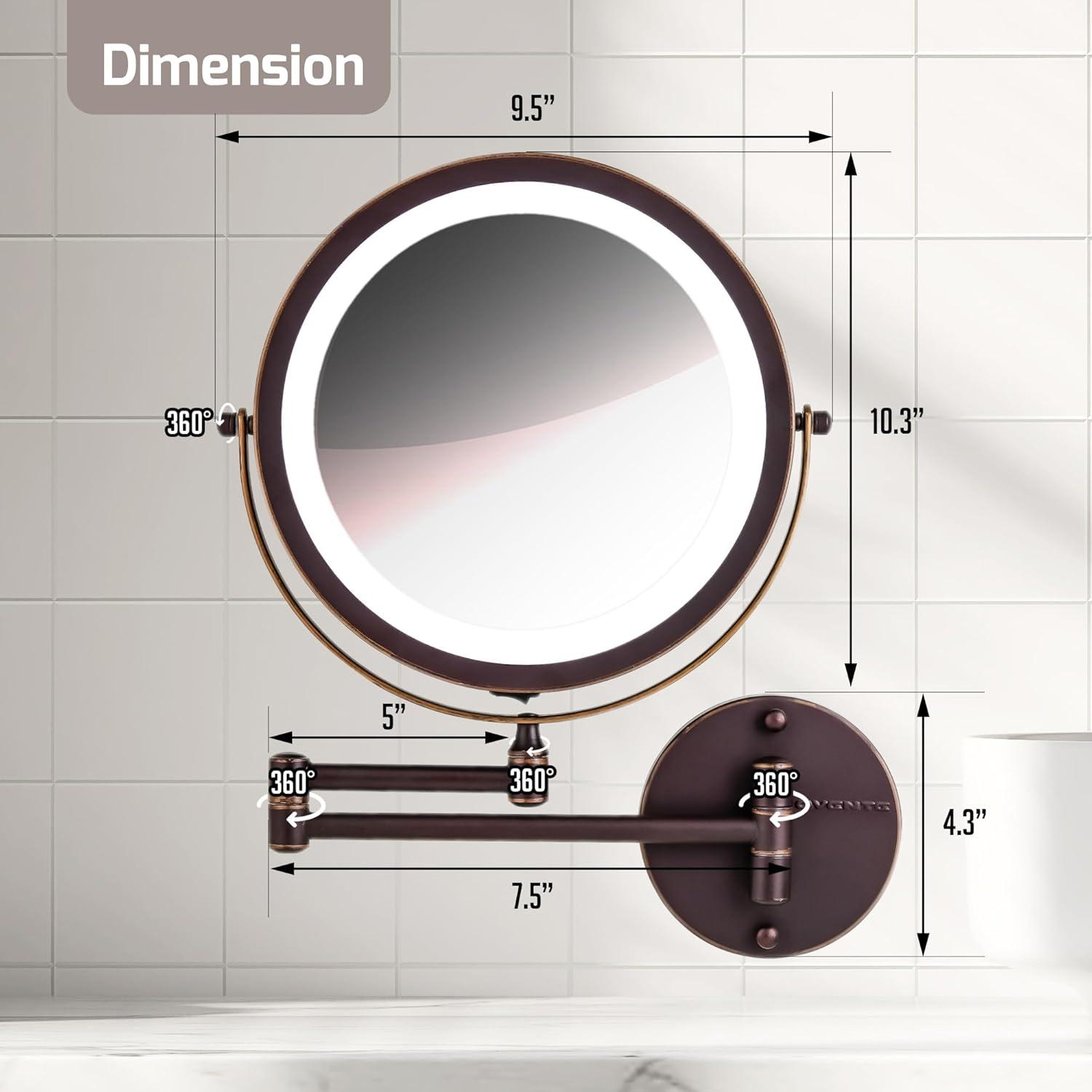 imageOVENTE Wall Mounted Lighted Makeup Mirror 9 Double Sided 1X10X Magnifying Vanity Mirror for Bathroom with LED Lights Cordless 360 Rotation and 13 Extendable Arm Polished Chrome MFW85CH1X10XAntique Bronze