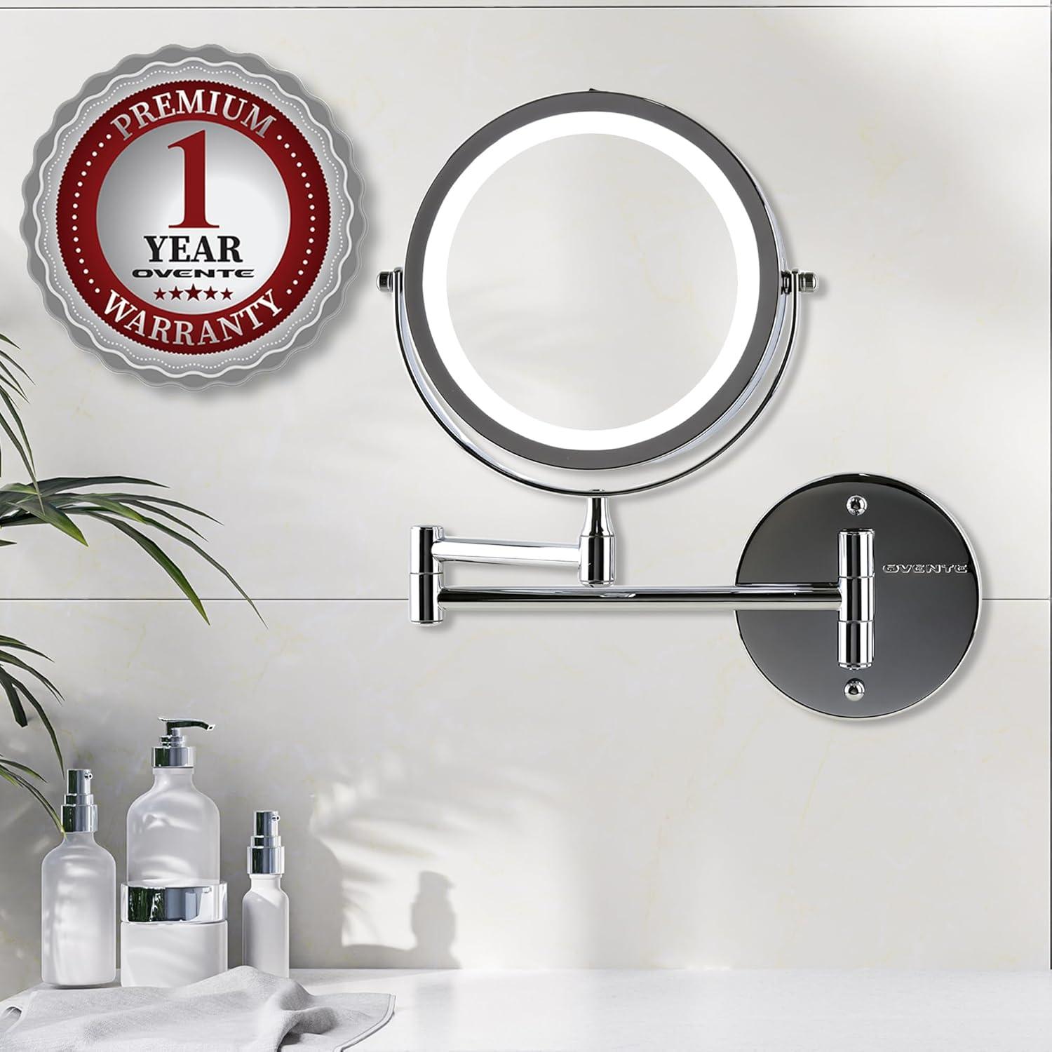 imageOVENTE Wall Mounted Lighted Makeup Mirror 9 Double Sided 1X10X Magnifying Vanity Mirror for Bathroom with LED Lights Cordless 360 Rotation and 13 Extendable Arm Polished Chrome MFW85CH1X10XPolished Chrome