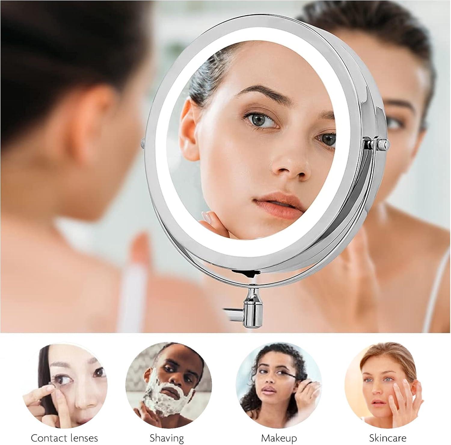 imageOVENTE Wall Mounted Lighted Makeup Mirror 9 Double Sided 1X10X Magnifying Vanity Mirror for Bathroom with LED Lights Cordless 360 Rotation and 13 Extendable Arm Polished Chrome MFW85CH1X10XPolished Chrome