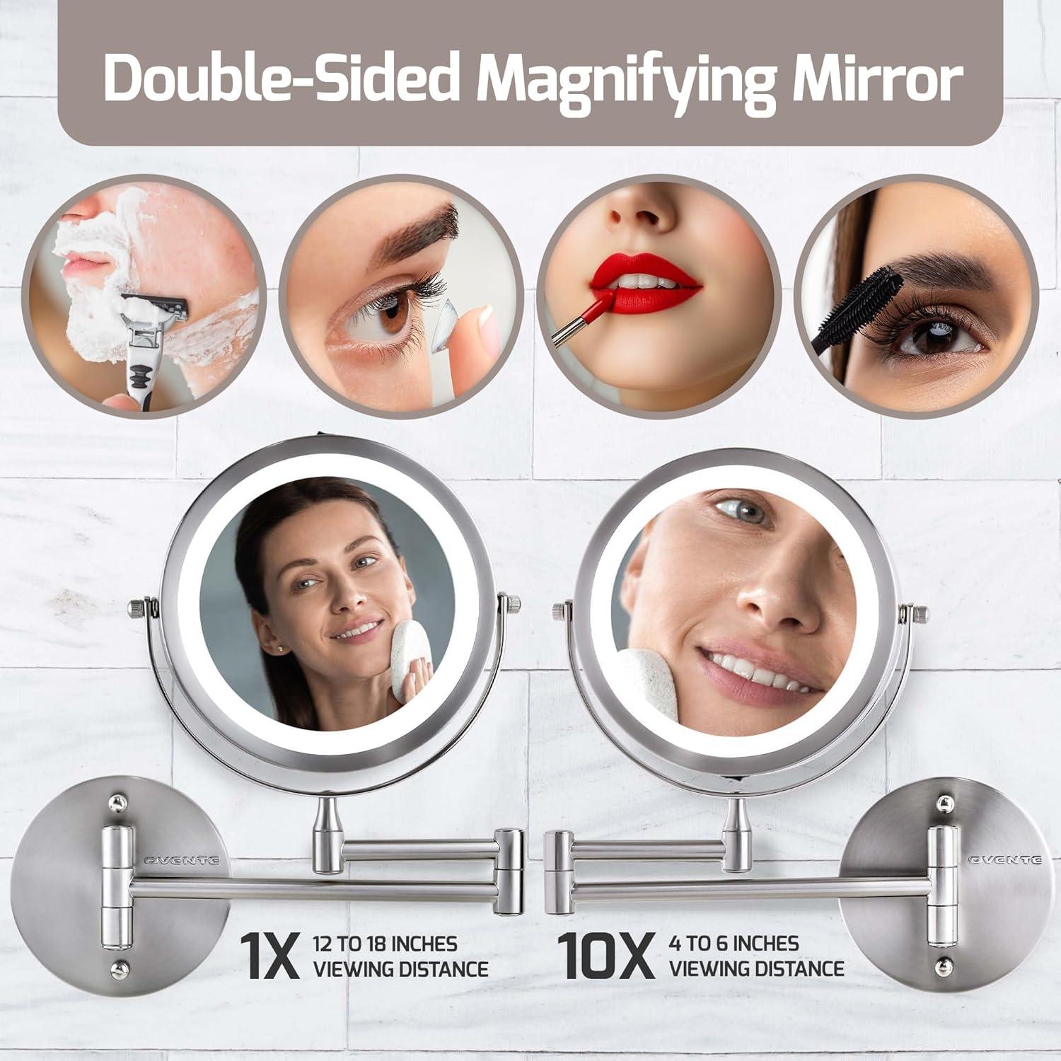 imageOVENTE Wall Mounted Lighted Makeup Mirror 9 Double Sided 1X10X Magnifying Vanity Mirror for Bathroom with LED Lights Cordless 360 Rotation and 13 Extendable Arm Polished Chrome MFW85CH1X10XNickel Brushed
