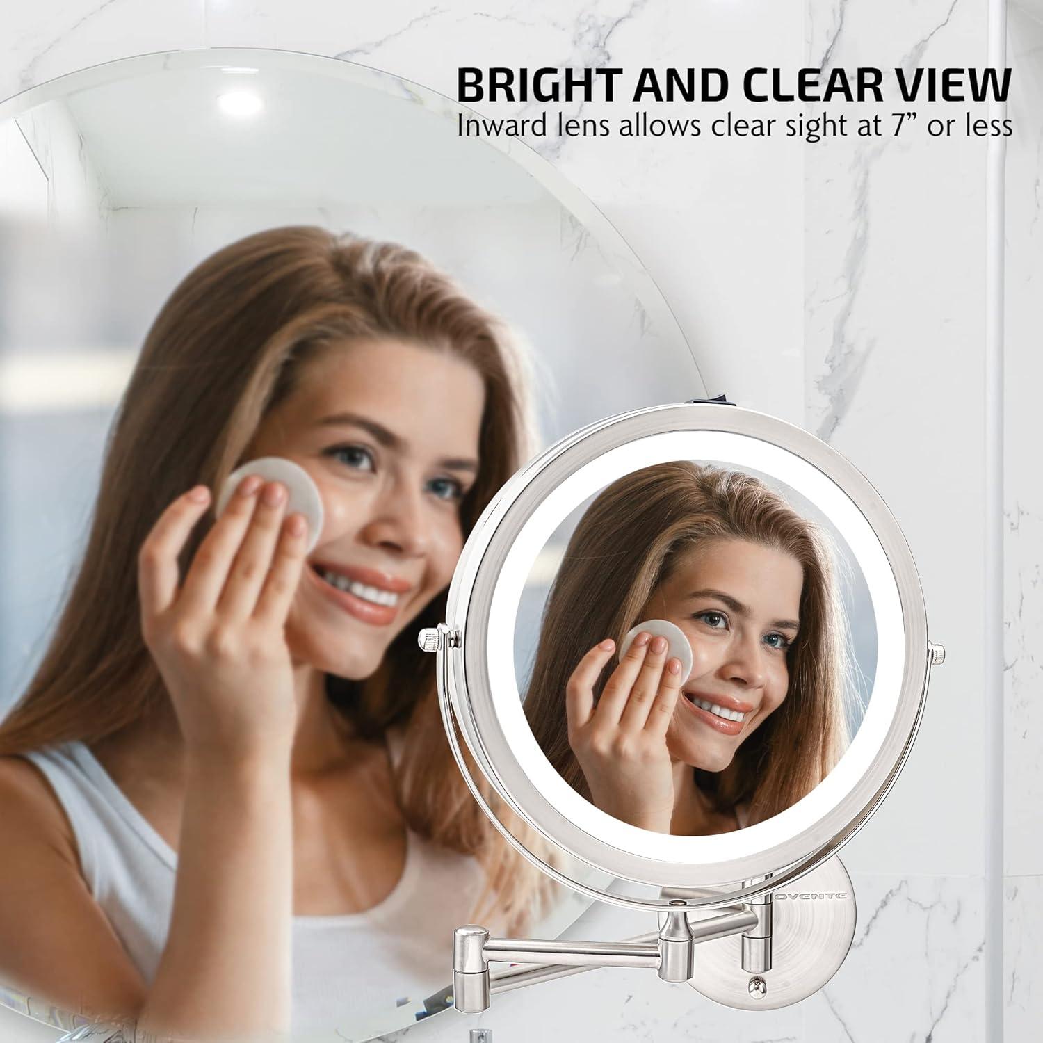 imageOVENTE Wall Mounted Lighted Makeup Mirror 9 Double Sided 1X10X Magnifying Vanity Mirror for Bathroom with LED Lights Cordless 360 Rotation and 13 Extendable Arm Polished Chrome MFW85CH1X10XNickel Brushed