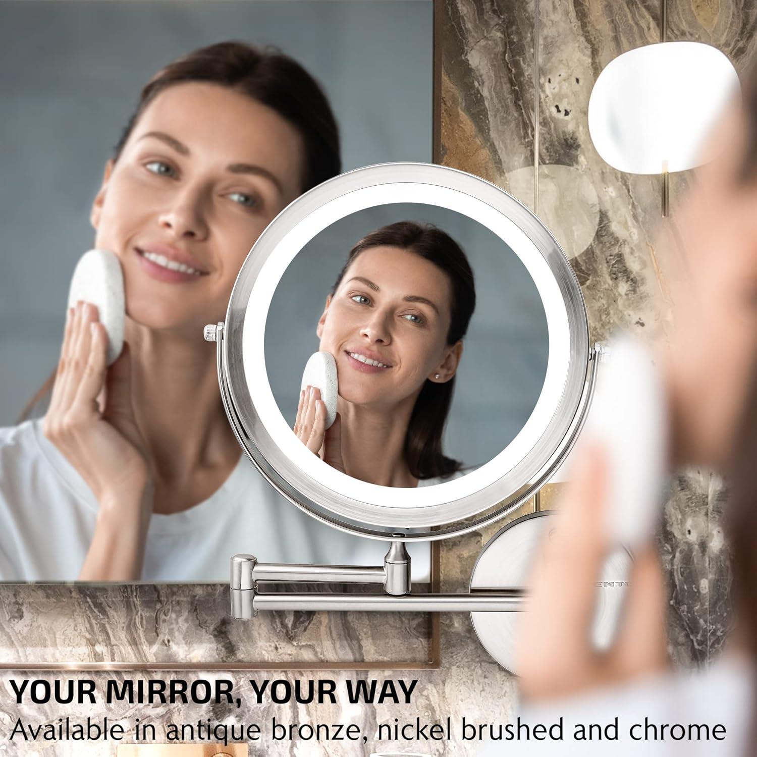imageOVENTE Wall Mounted Lighted Makeup Mirror 9 Double Sided 1X10X Magnifying Vanity Mirror for Bathroom with LED Lights Cordless 360 Rotation and 13 Extendable Arm Polished Chrome MFW85CH1X10XNickel Brushed