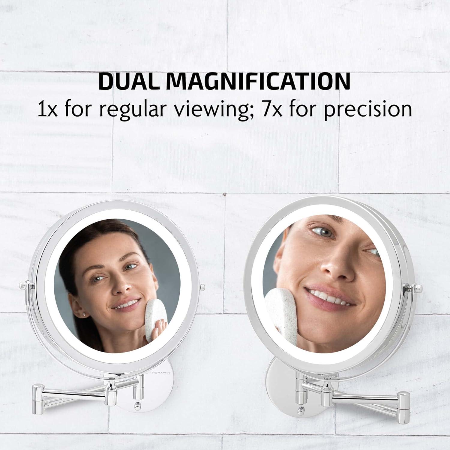 imageOVENTE Wall Mounted Lighted Makeup Mirror 9 Double Sided 1X10X Magnifying Vanity Mirror for Bathroom with LED Lights Cordless 360 Rotation and 13 Extendable Arm Polished Chrome MFW85CH1X10XPolished Chrome