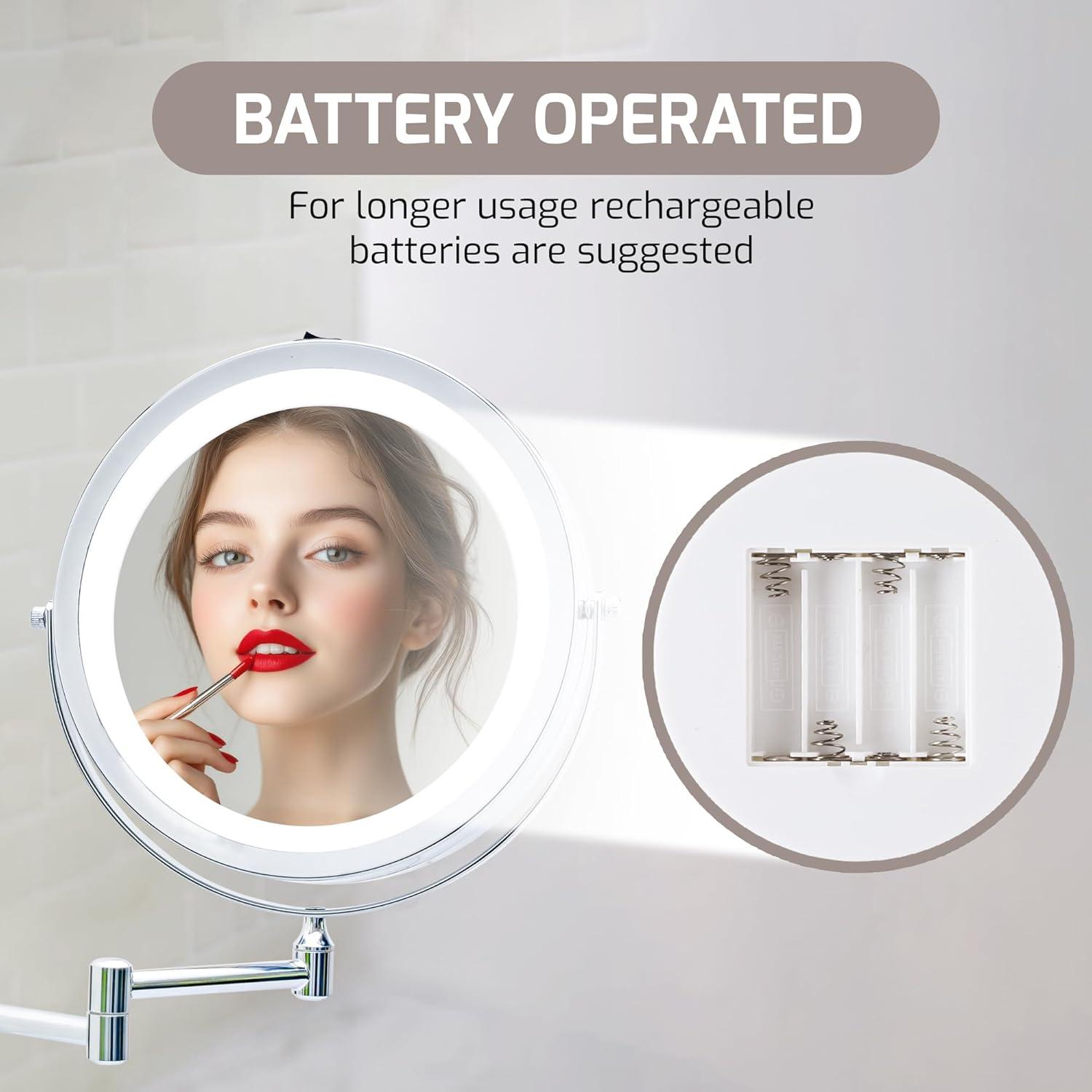 imageOVENTE Wall Mounted Lighted Makeup Mirror 9 Double Sided 1X10X Magnifying Vanity Mirror for Bathroom with LED Lights Cordless 360 Rotation and 13 Extendable Arm Polished Chrome MFW85CH1X10XPolished Chrome