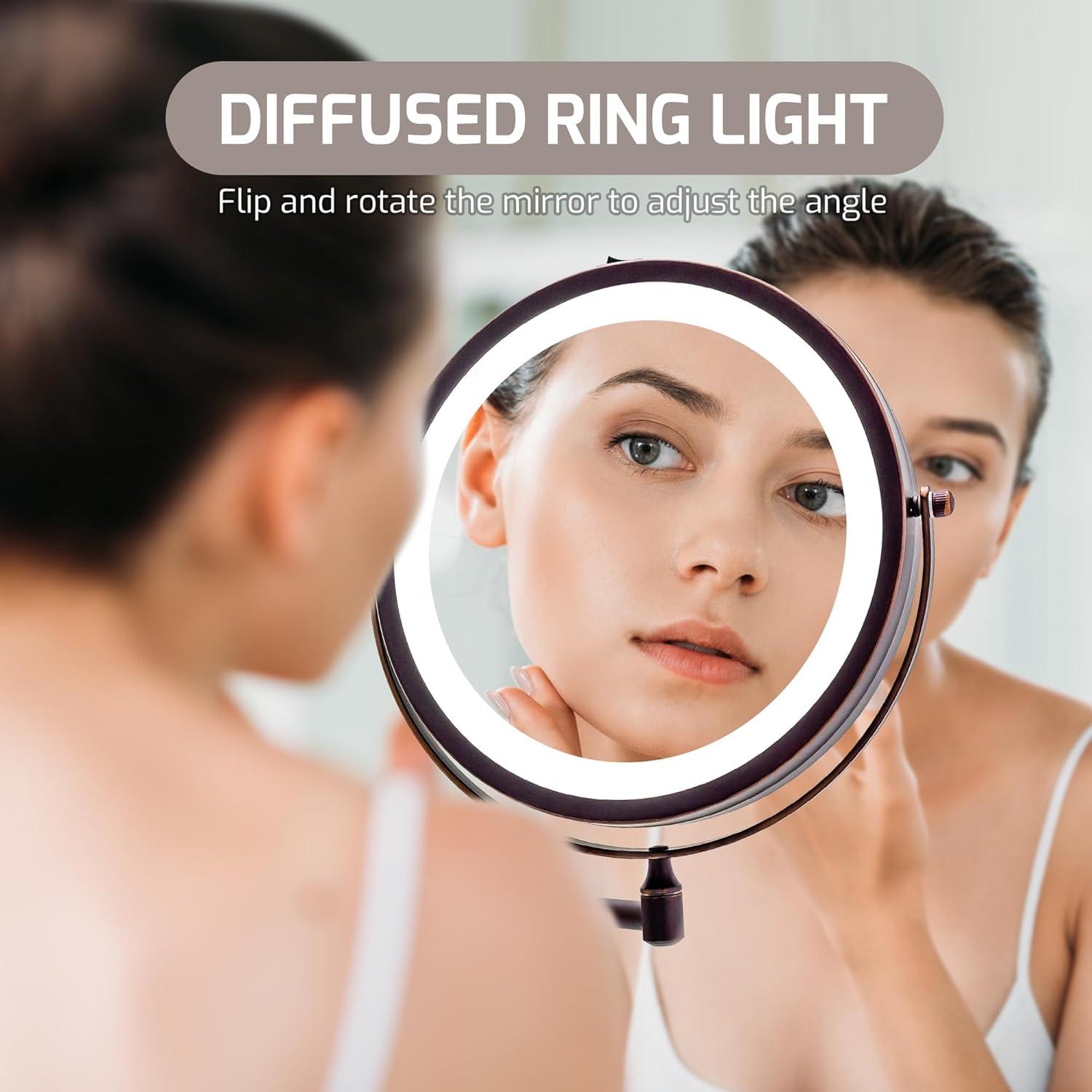 imageOVENTE Wall Mounted Lighted Makeup Mirror 9 Double Sided 1X10X Magnifying Vanity Mirror for Bathroom with LED Lights Cordless 360 Rotation and 13 Extendable Arm Polished Chrome MFW85CH1X10XAntique Bronze