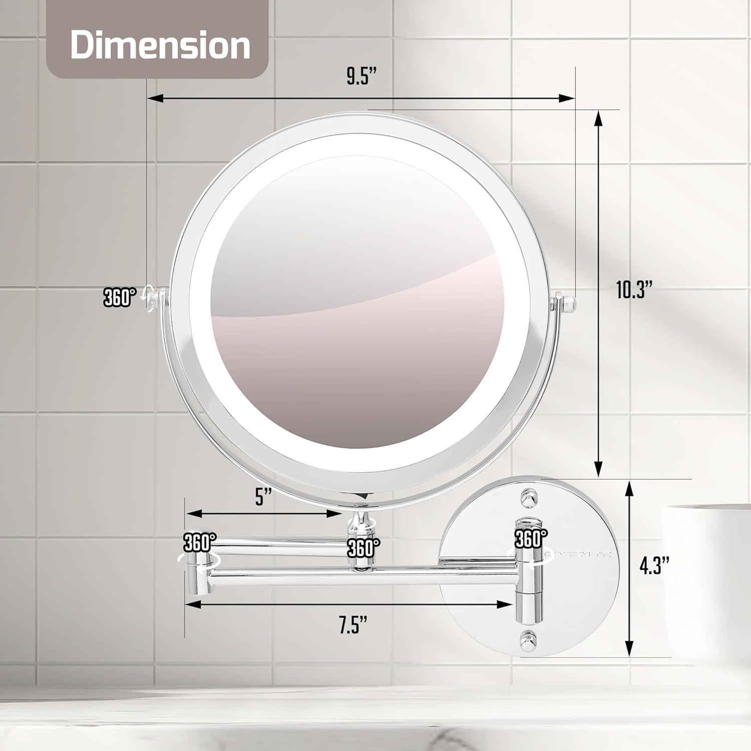 imageOVENTE Wall Mounted Lighted Makeup Mirror 9 Double Sided 1X10X Magnifying Vanity Mirror for Bathroom with LED Lights Cordless 360 Rotation and 13 Extendable Arm Polished Chrome MFW85CH1X10XPolished Chrome