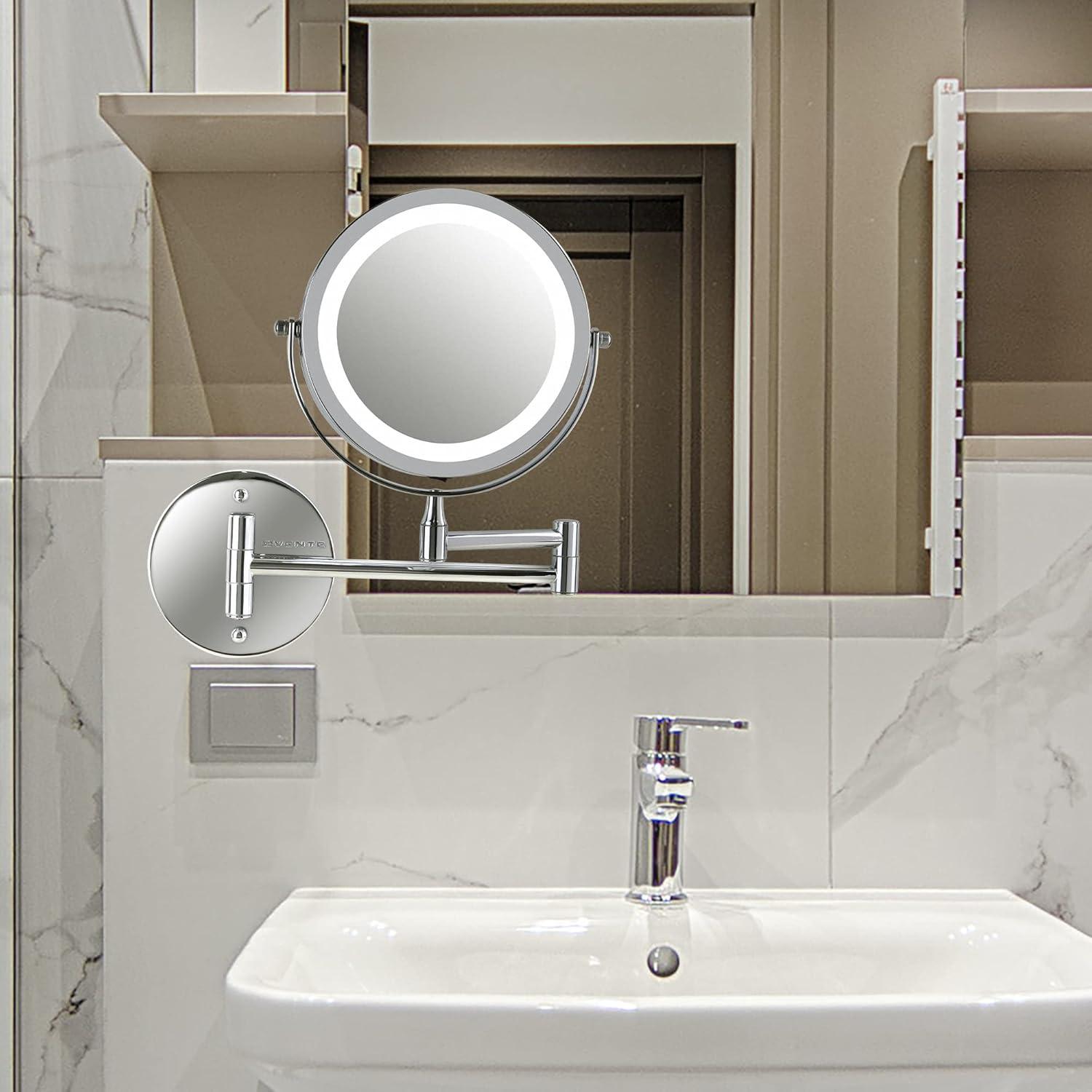 imageOVENTE Wall Mounted Lighted Makeup Mirror 9 Double Sided 1X10X Magnifying Vanity Mirror for Bathroom with LED Lights Cordless 360 Rotation and 13 Extendable Arm Polished Chrome MFW85CH1X10XPolished Chrome
