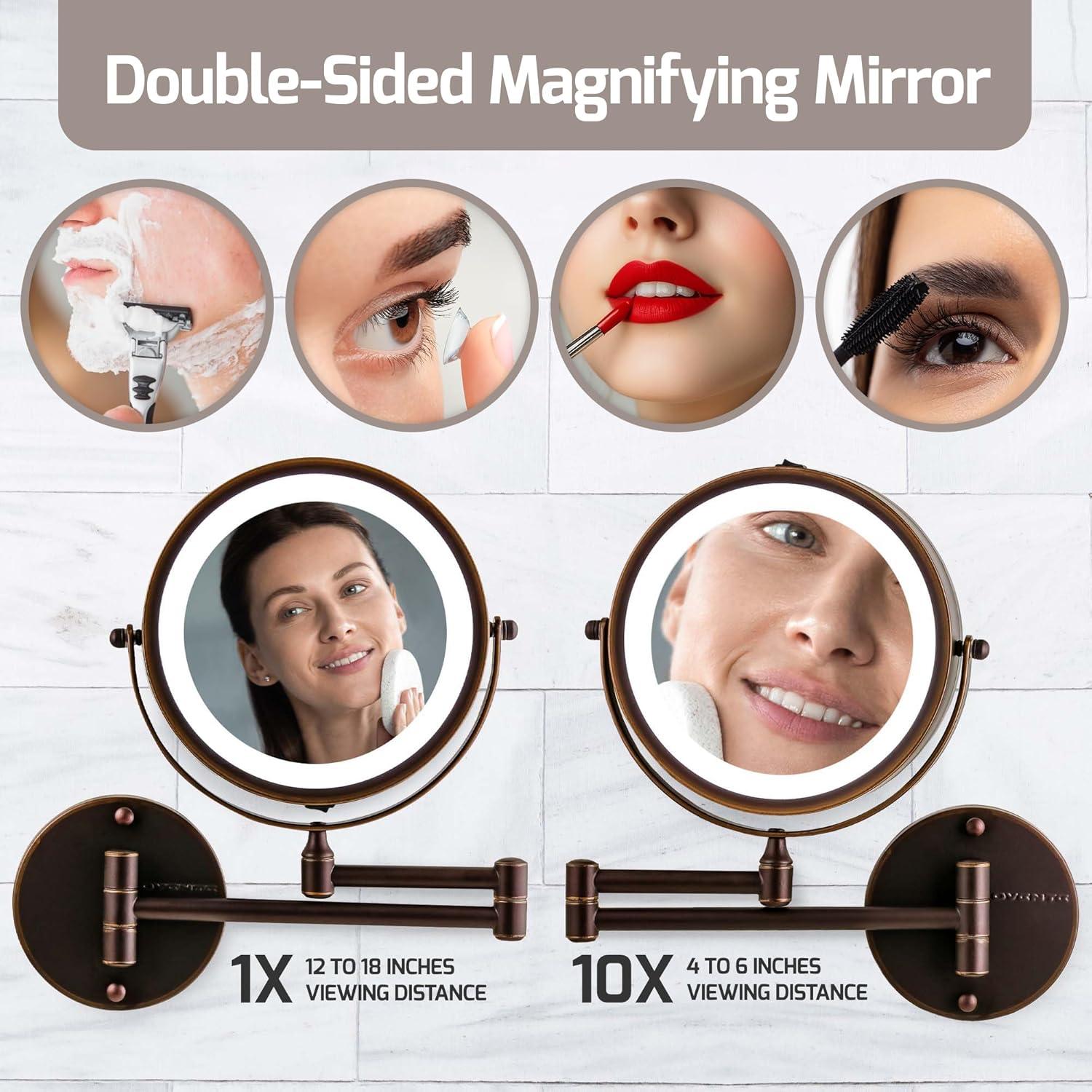 imageOVENTE Wall Mounted Lighted Makeup Mirror 9 Double Sided 1X10X Magnifying Vanity Mirror for Bathroom with LED Lights Cordless 360 Rotation and 13 Extendable Arm Polished Chrome MFW85CH1X10XAntique Bronze