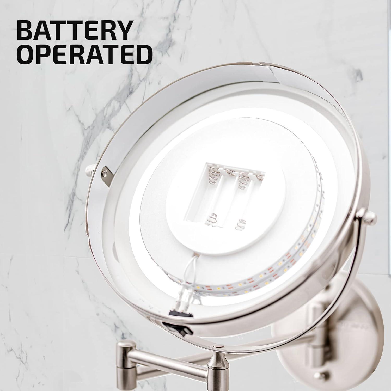imageOVENTE Wall Mounted Lighted Makeup Mirror 9 Double Sided 1X10X Magnifying Vanity Mirror for Bathroom with LED Lights Cordless 360 Rotation and 13 Extendable Arm Polished Chrome MFW85CH1X10XNickel Brushed
