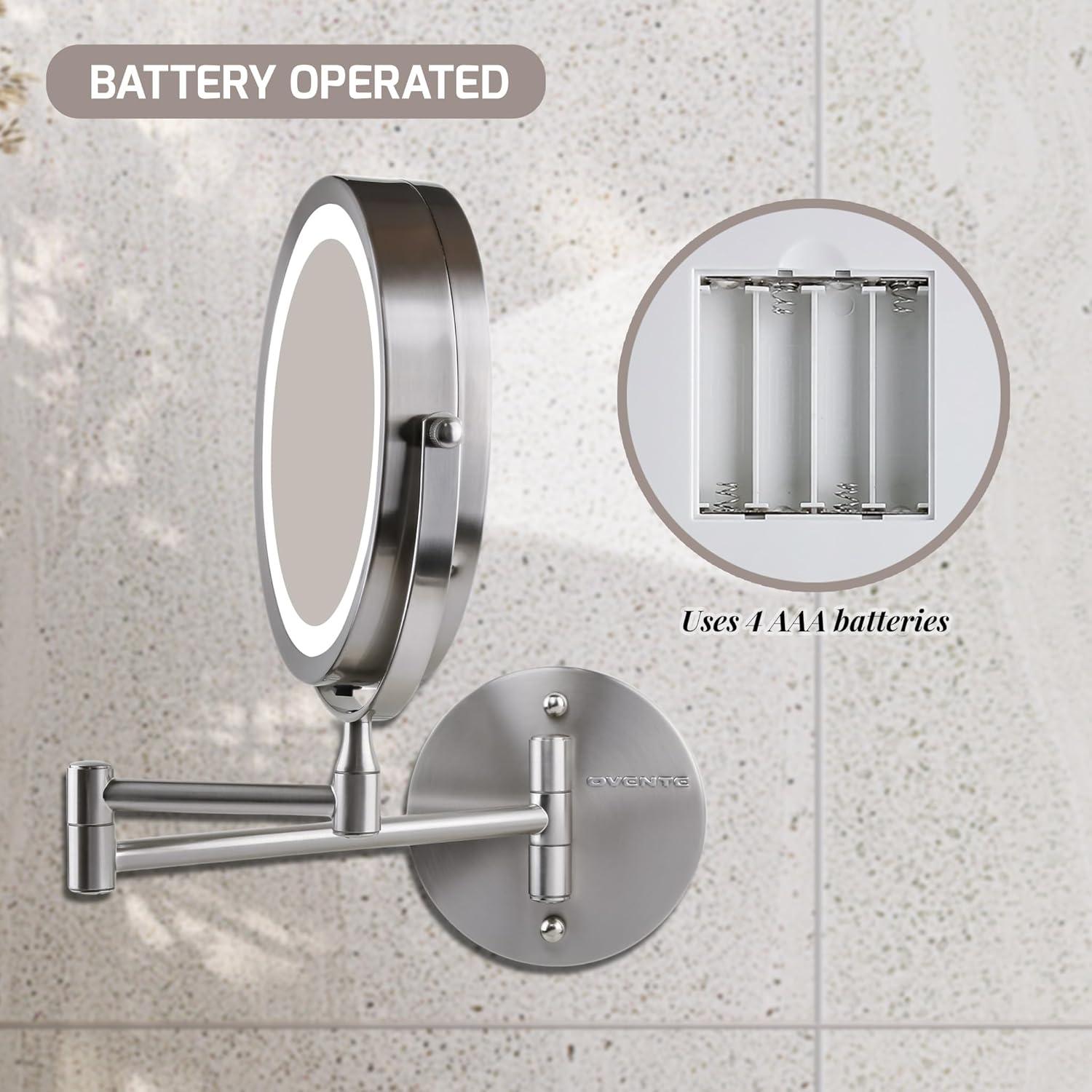 imageOVENTE Wall Mounted Lighted Makeup Mirror 9 Double Sided 1X10X Magnifying Vanity Mirror for Bathroom with LED Lights Cordless 360 Rotation and 13 Extendable Arm Polished Chrome MFW85CH1X10XNickel Brushed