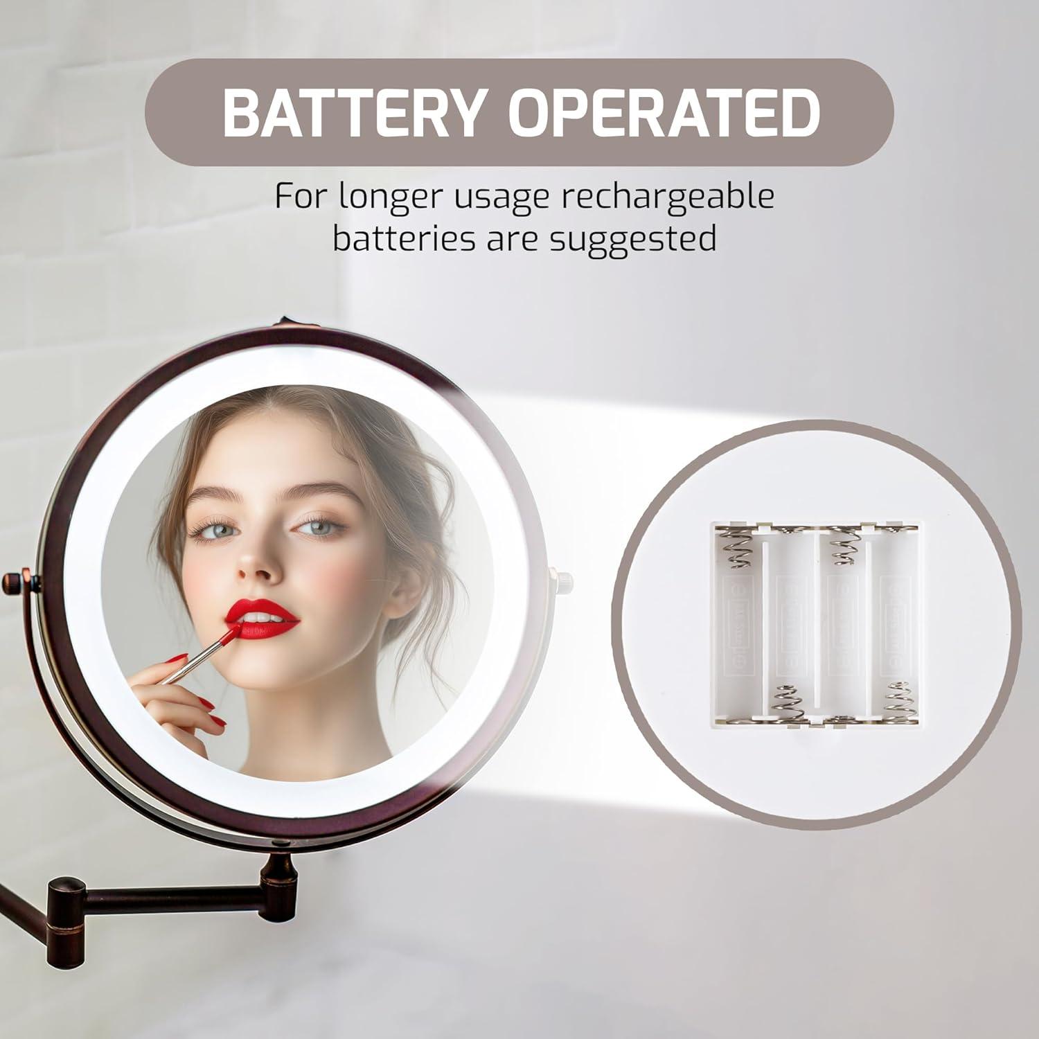 imageOVENTE Wall Mounted Lighted Makeup Mirror 9 Double Sided 1X10X Magnifying Vanity Mirror for Bathroom with LED Lights Cordless 360 Rotation and 13 Extendable Arm Polished Chrome MFW85CH1X10XAntique Bronze