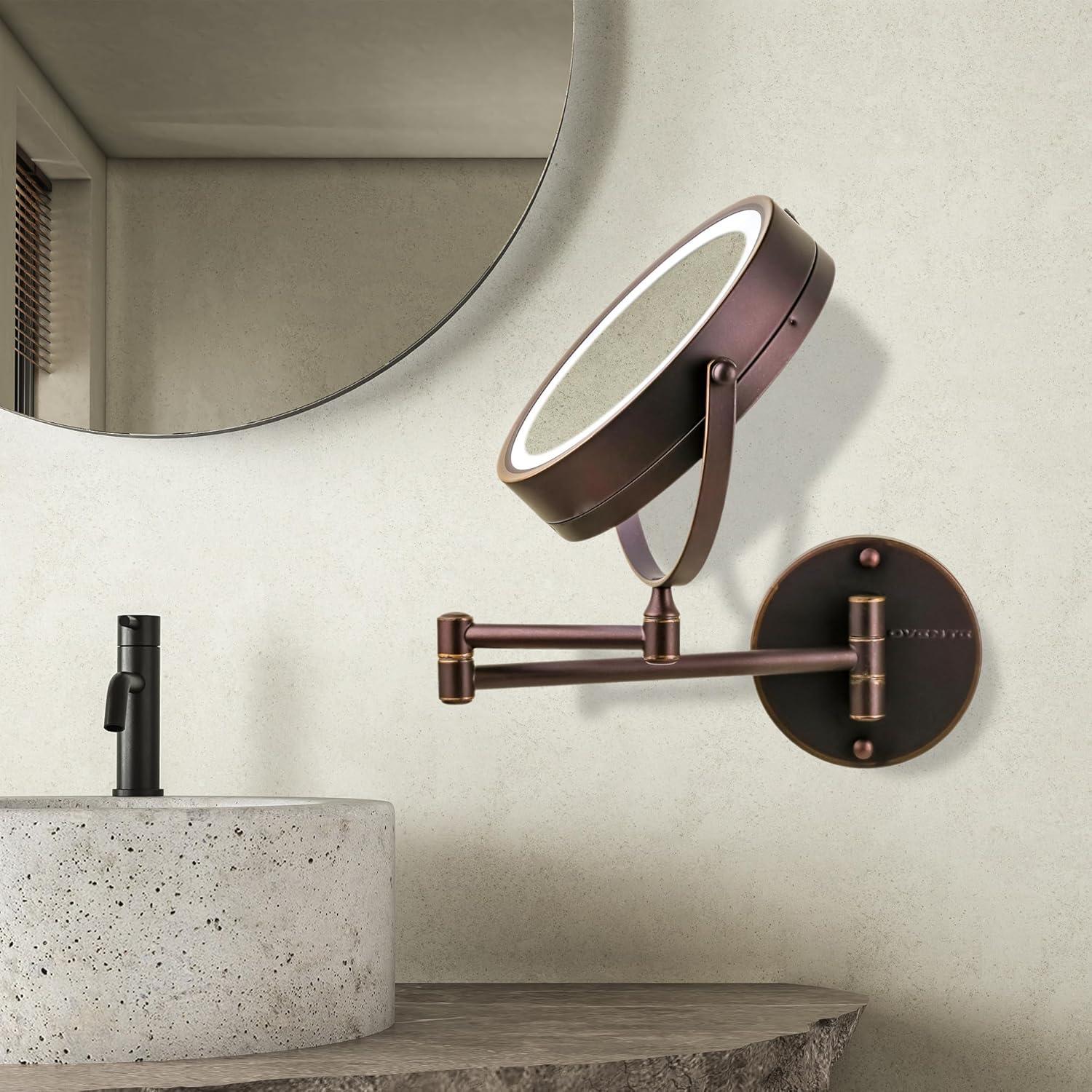 imageOVENTE Wall Mounted Lighted Makeup Mirror 9 Double Sided 1X10X Magnifying Vanity Mirror for Bathroom with LED Lights Cordless 360 Rotation and 13 Extendable Arm Polished Chrome MFW85CH1X10XAntique Bronze