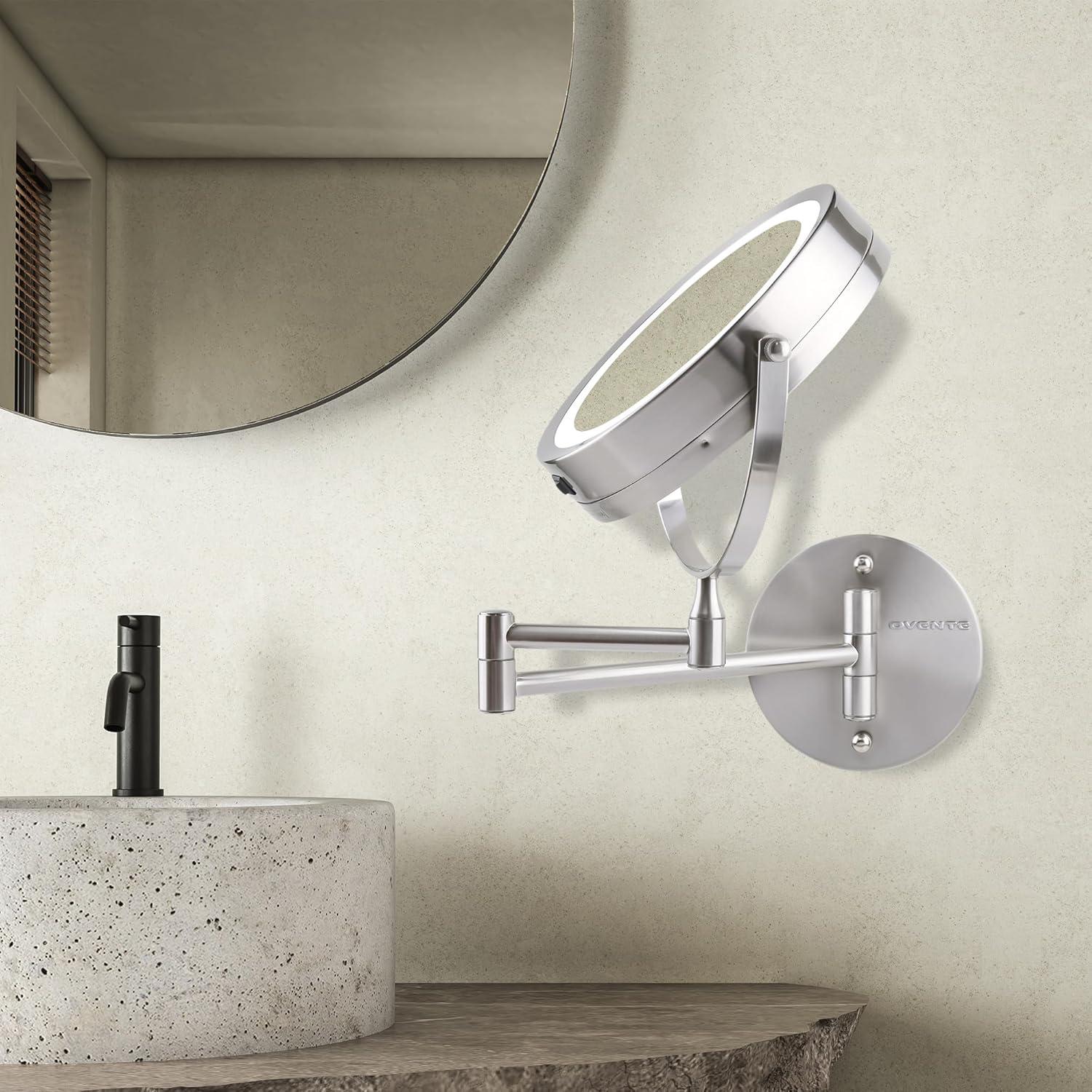imageOVENTE Wall Mounted Lighted Makeup Mirror 9 Double Sided 1X10X Magnifying Vanity Mirror for Bathroom with LED Lights Cordless 360 Rotation and 13 Extendable Arm Polished Chrome MFW85CH1X10XNickel Brushed