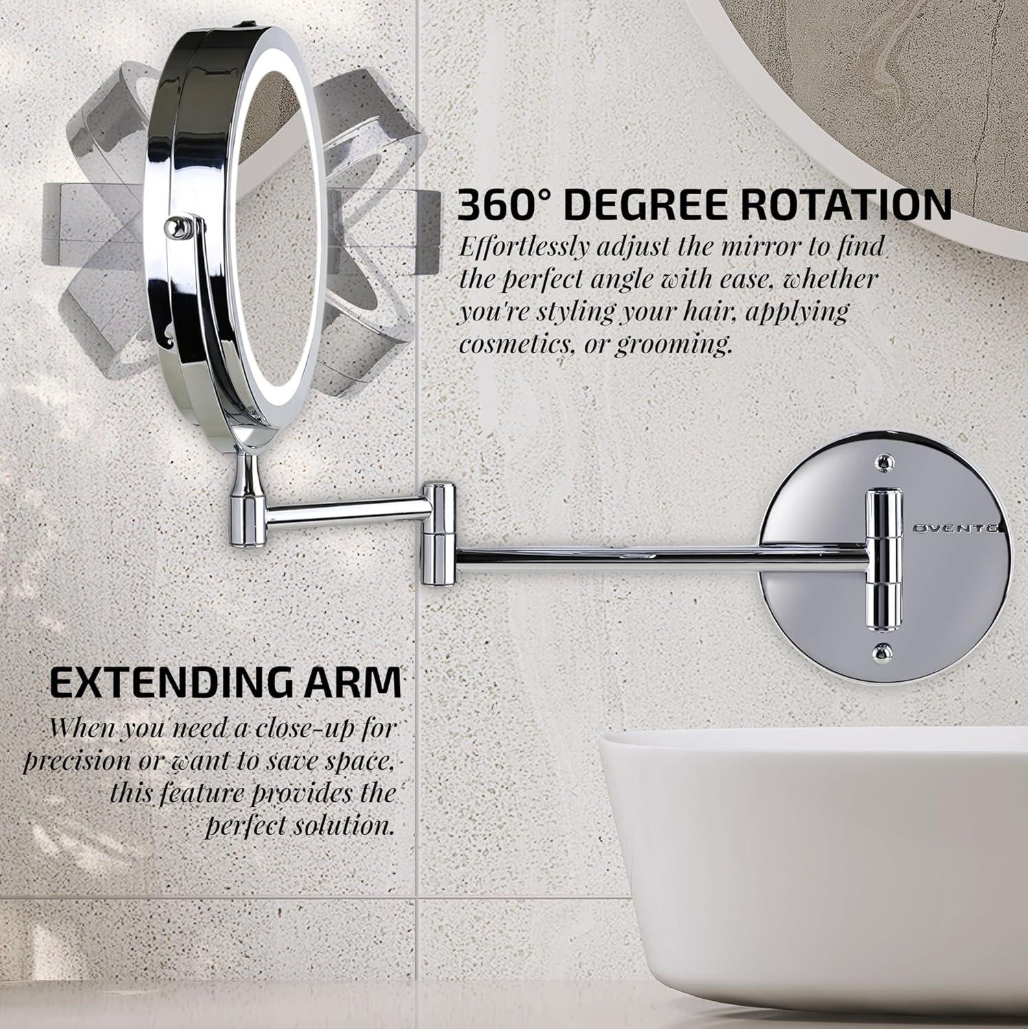 imageOVENTE Wall Mounted Lighted Makeup Mirror 9 Double Sided 1X10X Magnifying Vanity Mirror for Bathroom with LED Lights Cordless 360 Rotation and 13 Extendable Arm Polished Chrome MFW85CH1X10XPolished Chrome