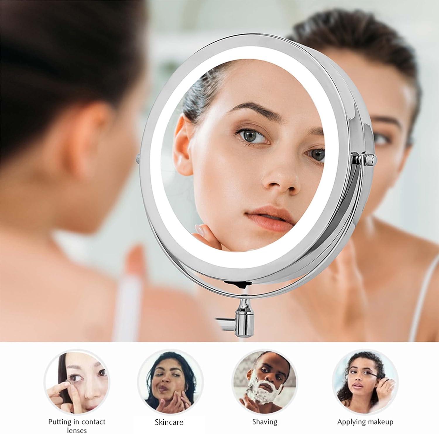 imageOVENTE Wall Mounted Lighted Makeup Mirror 9 Double Sided 1X10X Magnifying Vanity Mirror for Bathroom with LED Lights Cordless 360 Rotation and 13 Extendable Arm Polished Chrome MFW85CH1X10XPolished Chrome