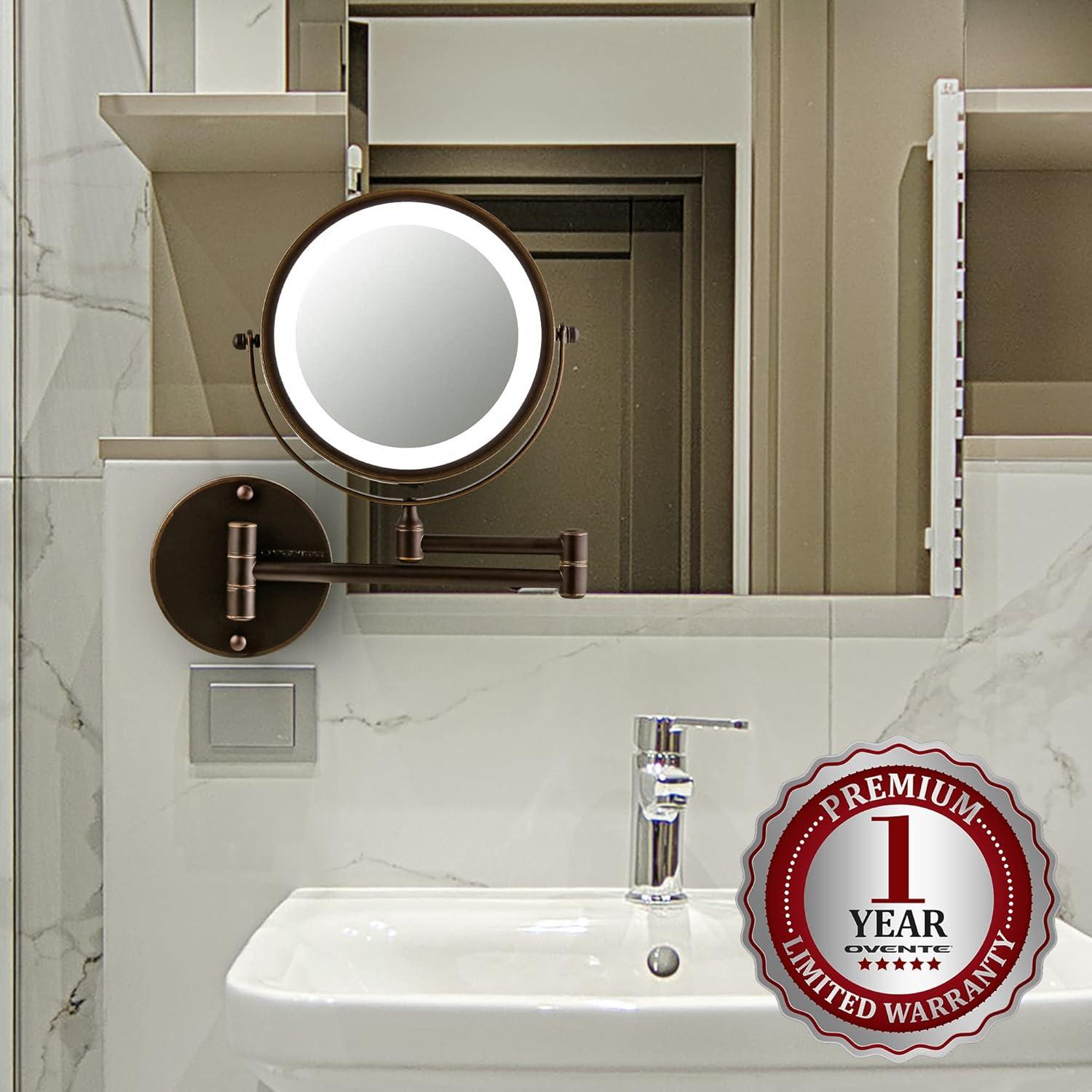 imageOVENTE Wall Mounted Lighted Makeup Mirror 9 Double Sided 1X10X Magnifying Vanity Mirror for Bathroom with LED Lights Cordless 360 Rotation and 13 Extendable Arm Polished Chrome MFW85CH1X10XAntique Bronze