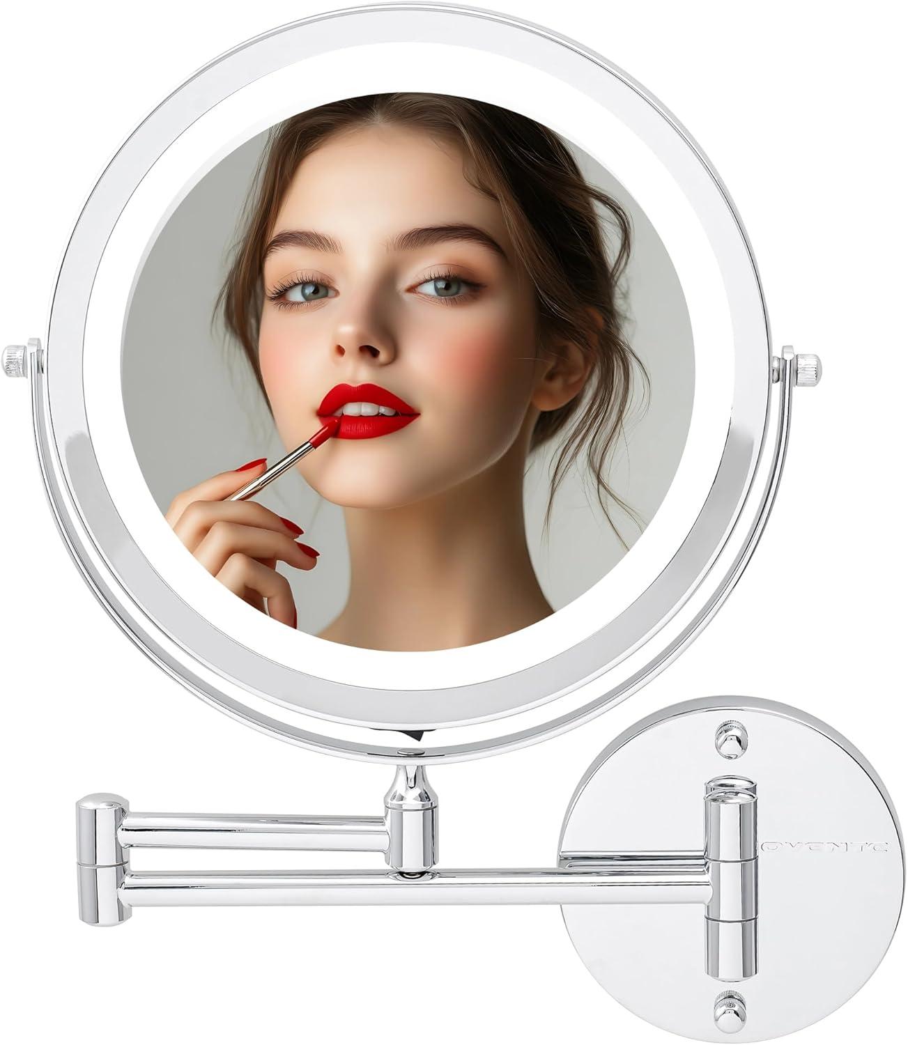 imageOVENTE Wall Mounted Lighted Makeup Mirror 9 Double Sided 1X10X Magnifying Vanity Mirror for Bathroom with LED Lights Cordless 360 Rotation and 13 Extendable Arm Polished Chrome MFW85CH1X10XPolished Chrome
