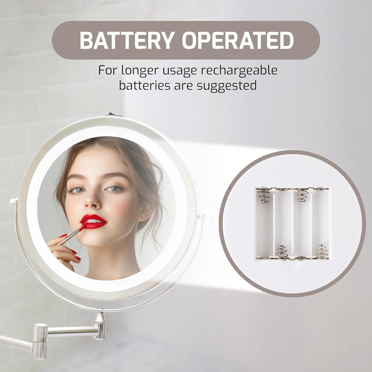 imageOVENTE Wall Mounted Lighted Makeup Mirror 9 Double Sided 1X10X Magnifying Vanity Mirror for Bathroom with LED Lights Cordless 360 Rotation and 13 Extendable Arm Polished Chrome MFW85CH1X10XNickel Brushed