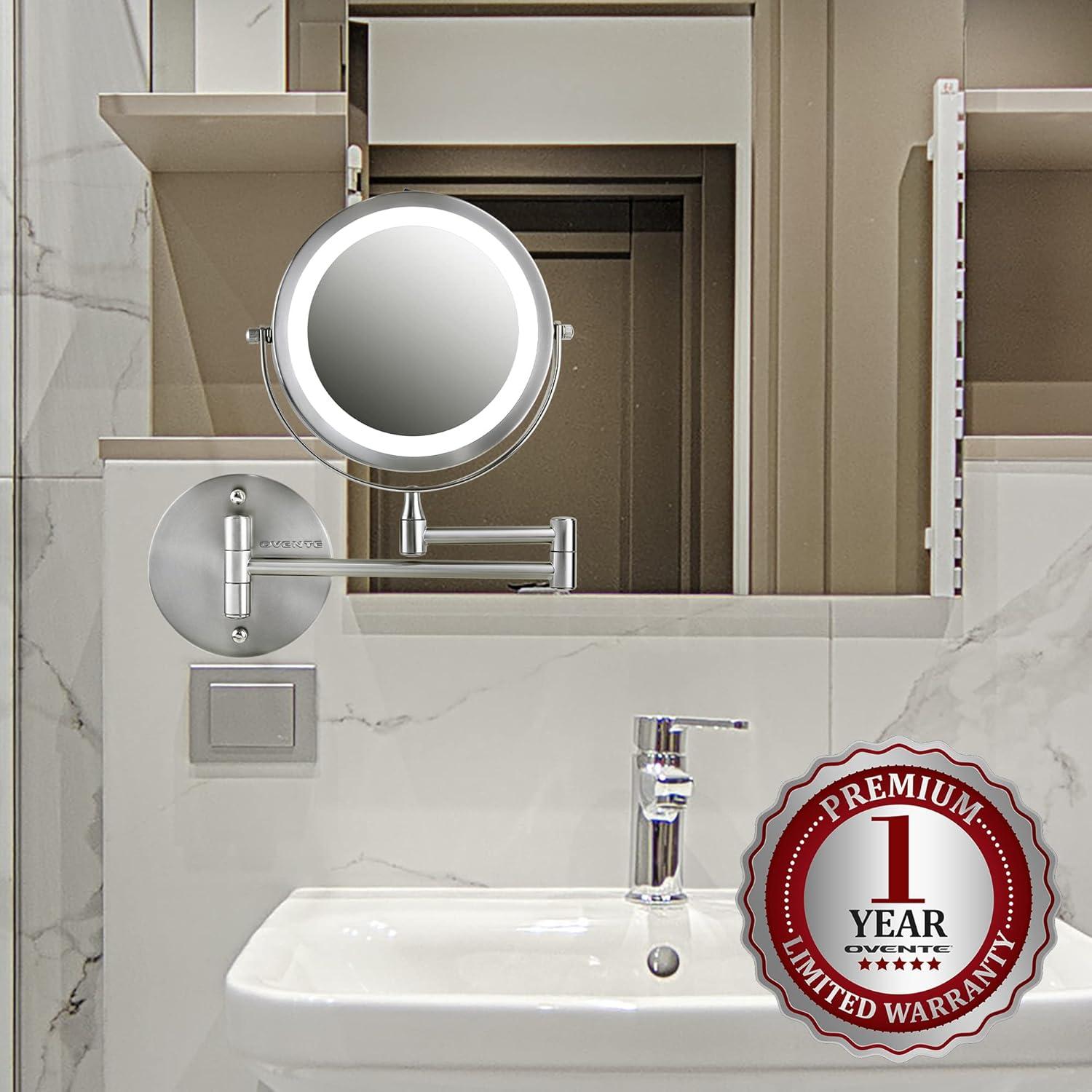 imageOVENTE Wall Mounted Lighted Makeup Mirror 9 Double Sided 1X10X Magnifying Vanity Mirror for Bathroom with LED Lights Cordless 360 Rotation and 13 Extendable Arm Polished Chrome MFW85CH1X10XNickel Brushed