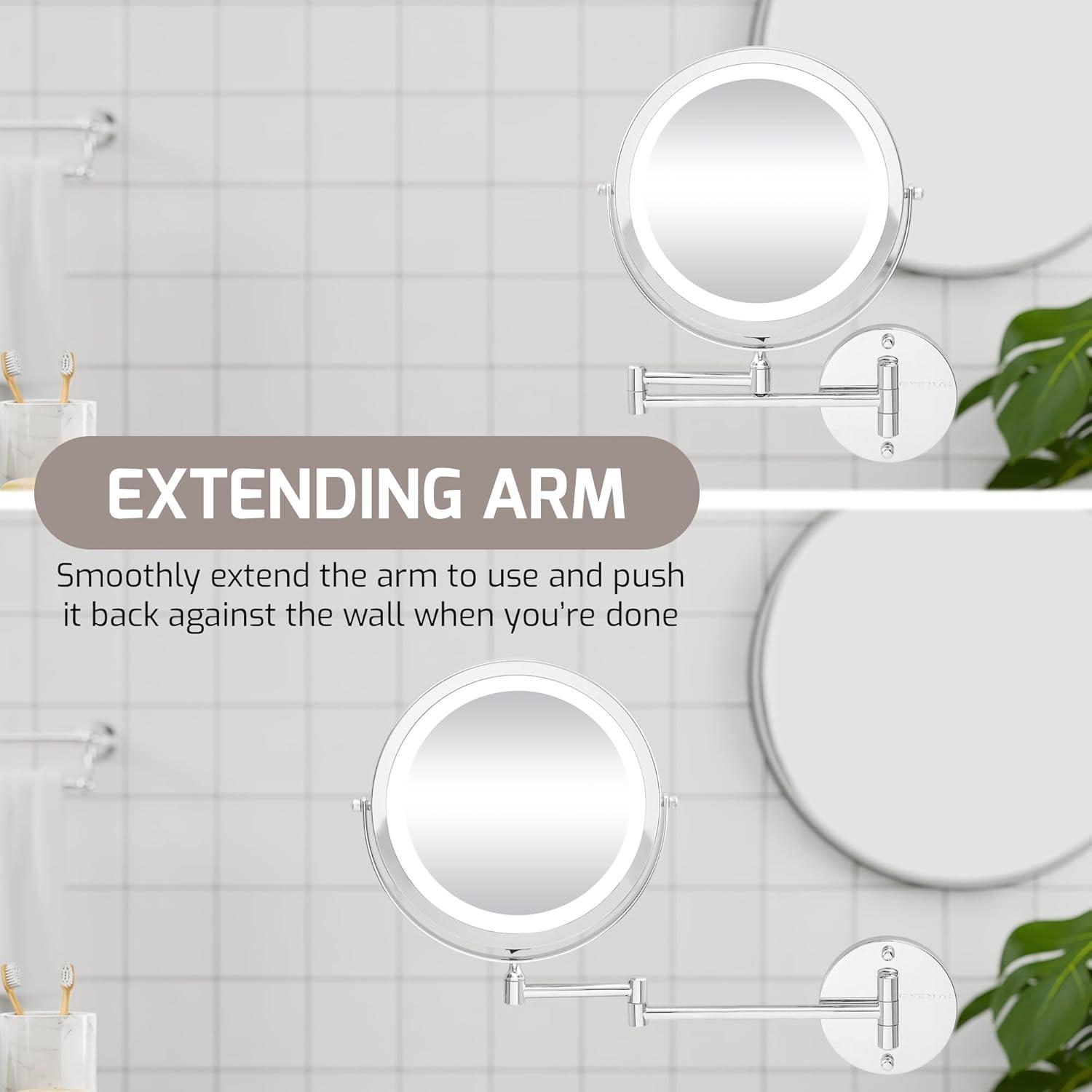 imageOVENTE Wall Mounted Lighted Makeup Mirror 9 Double Sided 1X10X Magnifying Vanity Mirror for Bathroom with LED Lights Cordless 360 Rotation and 13 Extendable Arm Polished Chrome MFW85CH1X10XPolished Chrome