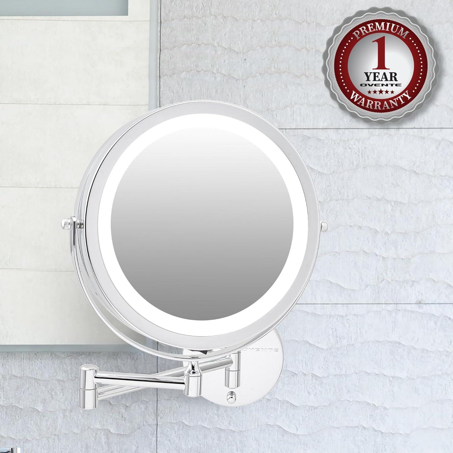 imageOVENTE Wall Mounted Lighted Makeup Mirror 9 Double Sided 1X10X Magnifying Vanity Mirror for Bathroom with LED Lights Cordless 360 Rotation and 13 Extendable Arm Polished Chrome MFW85CH1X10XPolished Chrome