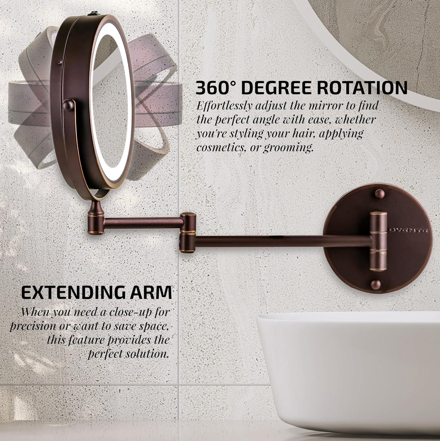 imageOVENTE Wall Mounted Lighted Makeup Mirror 9 Double Sided 1X10X Magnifying Vanity Mirror for Bathroom with LED Lights Cordless 360 Rotation and 13 Extendable Arm Polished Chrome MFW85CH1X10XAntique Bronze