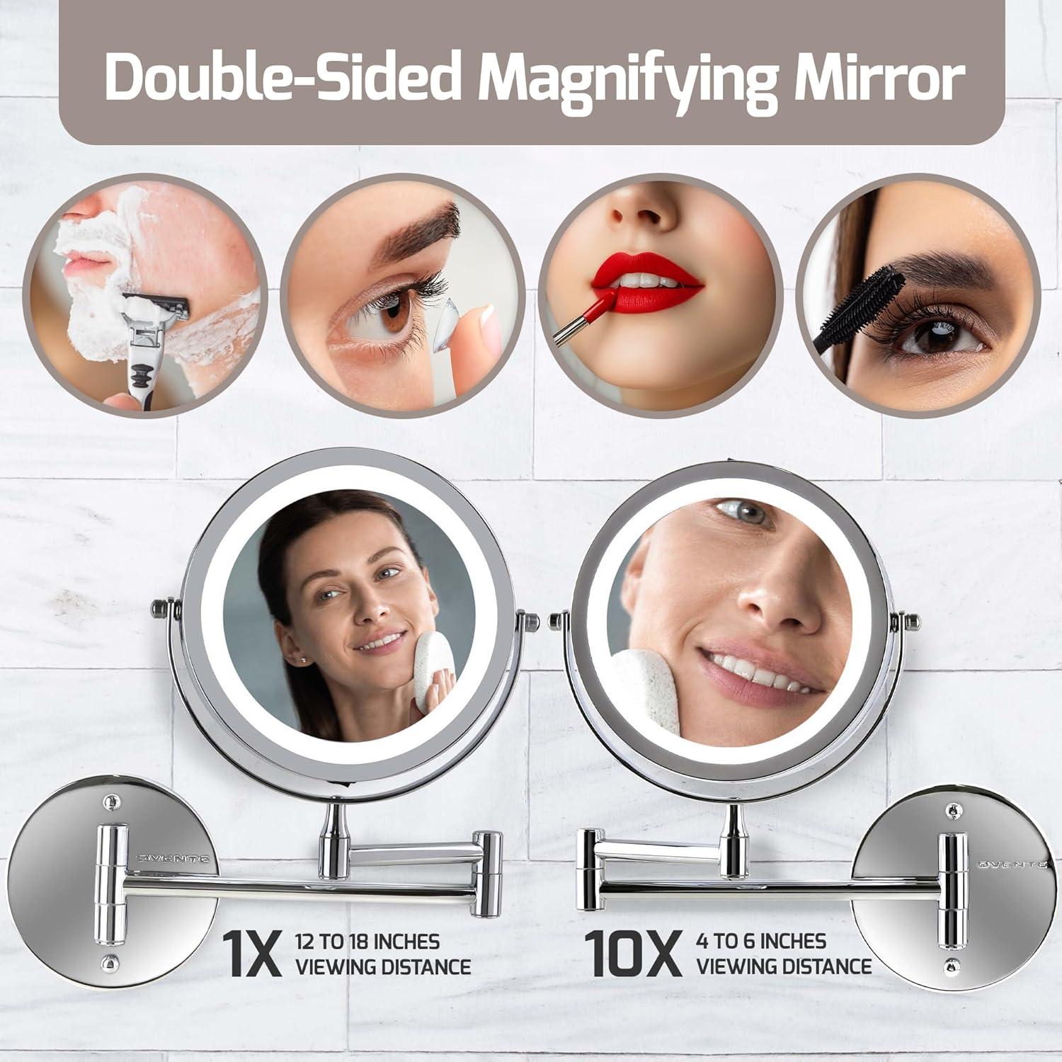 imageOVENTE Wall Mounted Lighted Makeup Mirror 9 Double Sided 1X10X Magnifying Vanity Mirror for Bathroom with LED Lights Cordless 360 Rotation and 13 Extendable Arm Polished Chrome MFW85CH1X10XPolished Chrome