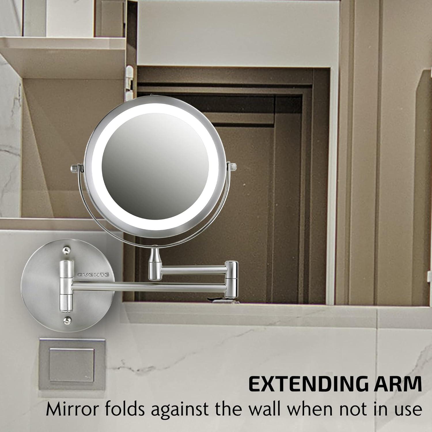imageOVENTE Wall Mounted Lighted Makeup Mirror 9 Double Sided 1X10X Magnifying Vanity Mirror for Bathroom with LED Lights Cordless 360 Rotation and 13 Extendable Arm Polished Chrome MFW85CH1X10XNickel Brushed