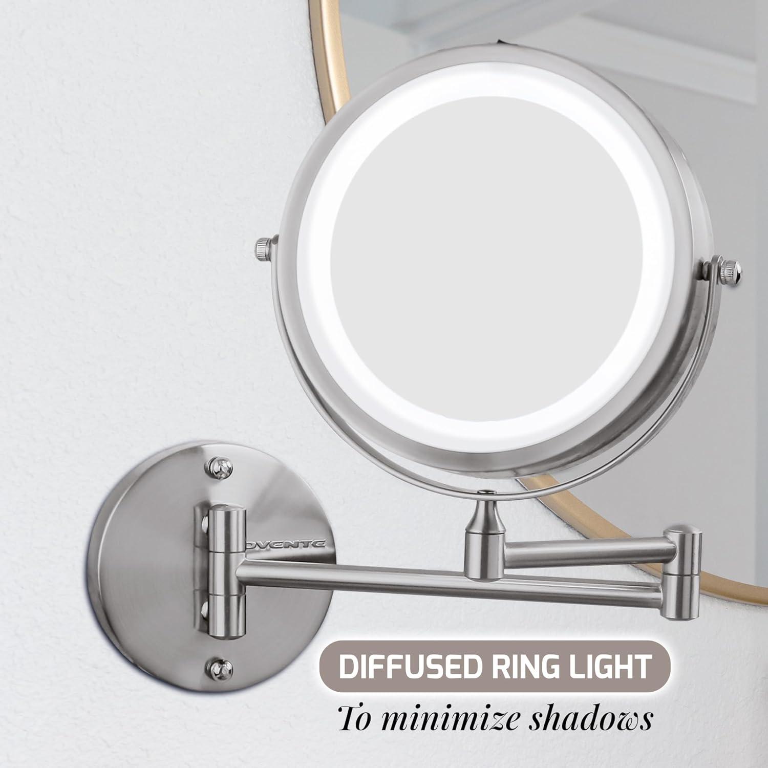 imageOVENTE Wall Mounted Lighted Makeup Mirror 9 Double Sided 1X10X Magnifying Vanity Mirror for Bathroom with LED Lights Cordless 360 Rotation and 13 Extendable Arm Polished Chrome MFW85CH1X10XNickel Brushed