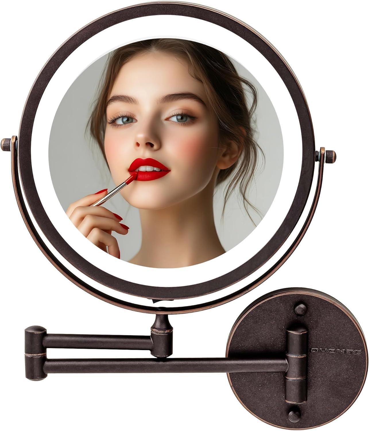 imageOVENTE Wall Mounted Lighted Makeup Mirror 9 Double Sided 1X10X Magnifying Vanity Mirror for Bathroom with LED Lights Cordless 360 Rotation and 13 Extendable Arm Polished Chrome MFW85CH1X10XAntique Bronze