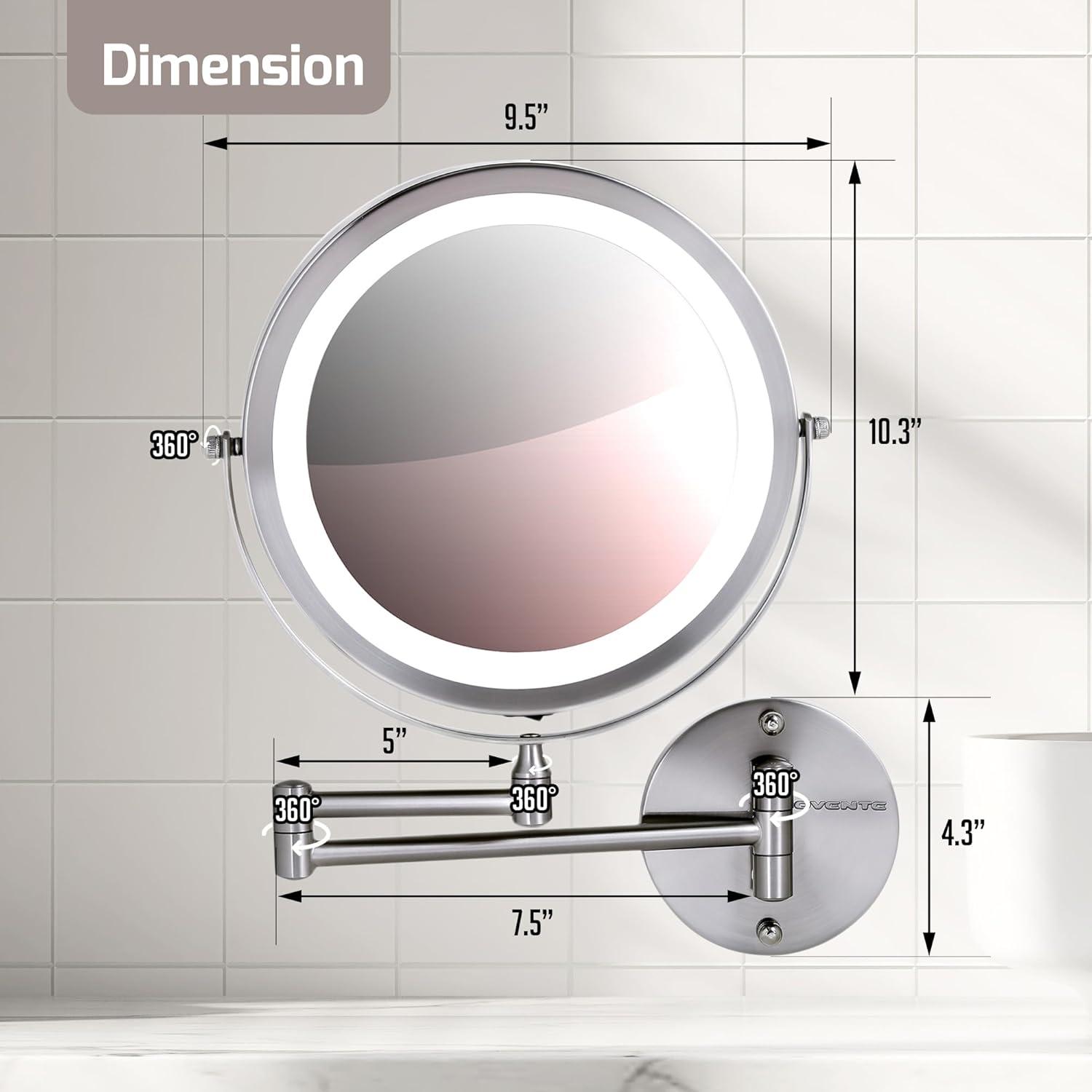 imageOVENTE Wall Mounted Lighted Makeup Mirror 9 Double Sided 1X10X Magnifying Vanity Mirror for Bathroom with LED Lights Cordless 360 Rotation and 13 Extendable Arm Polished Chrome MFW85CH1X10XNickel Brushed