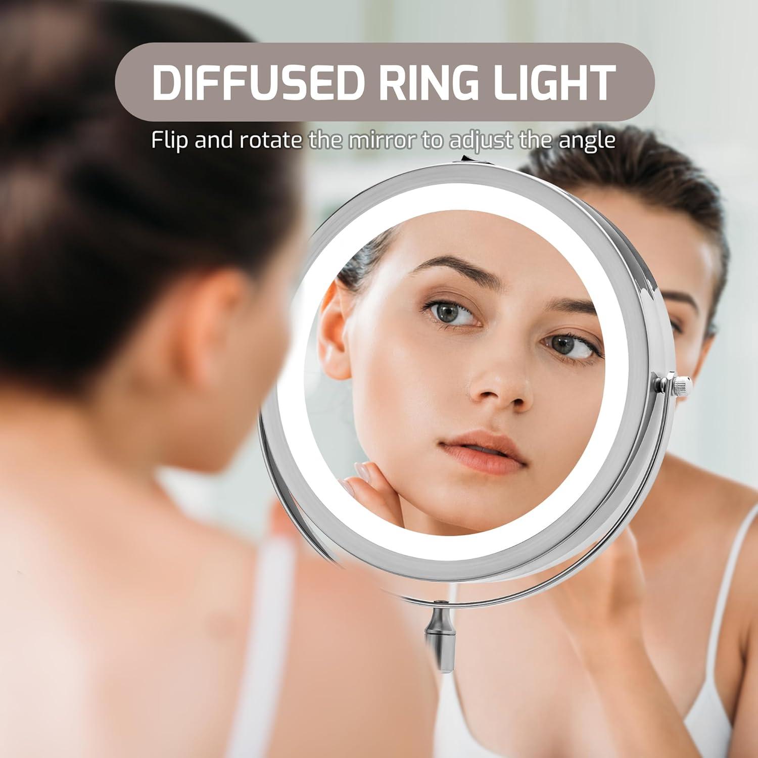 imageOVENTE Wall Mounted Lighted Makeup Mirror 9 Double Sided 1X10X Magnifying Vanity Mirror for Bathroom with LED Lights Cordless 360 Rotation and 13 Extendable Arm Polished Chrome MFW85CH1X10XNickel Brushed