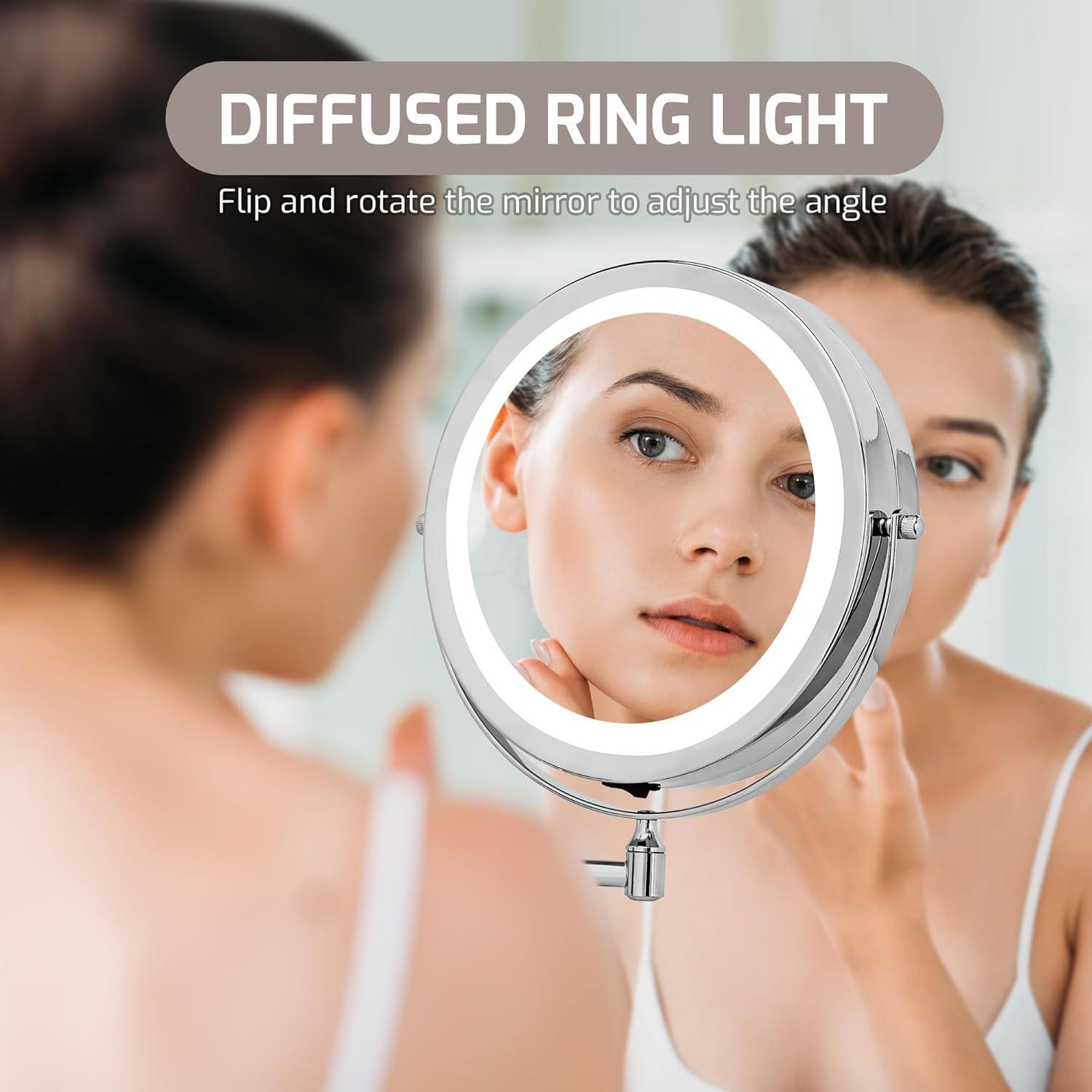 imageOVENTE Wall Mounted Lighted Makeup Mirror 9 Double Sided 1X10X Magnifying Vanity Mirror for Bathroom with LED Lights Cordless 360 Rotation and 13 Extendable Arm Polished Chrome MFW85CH1X10XPolished Chrome