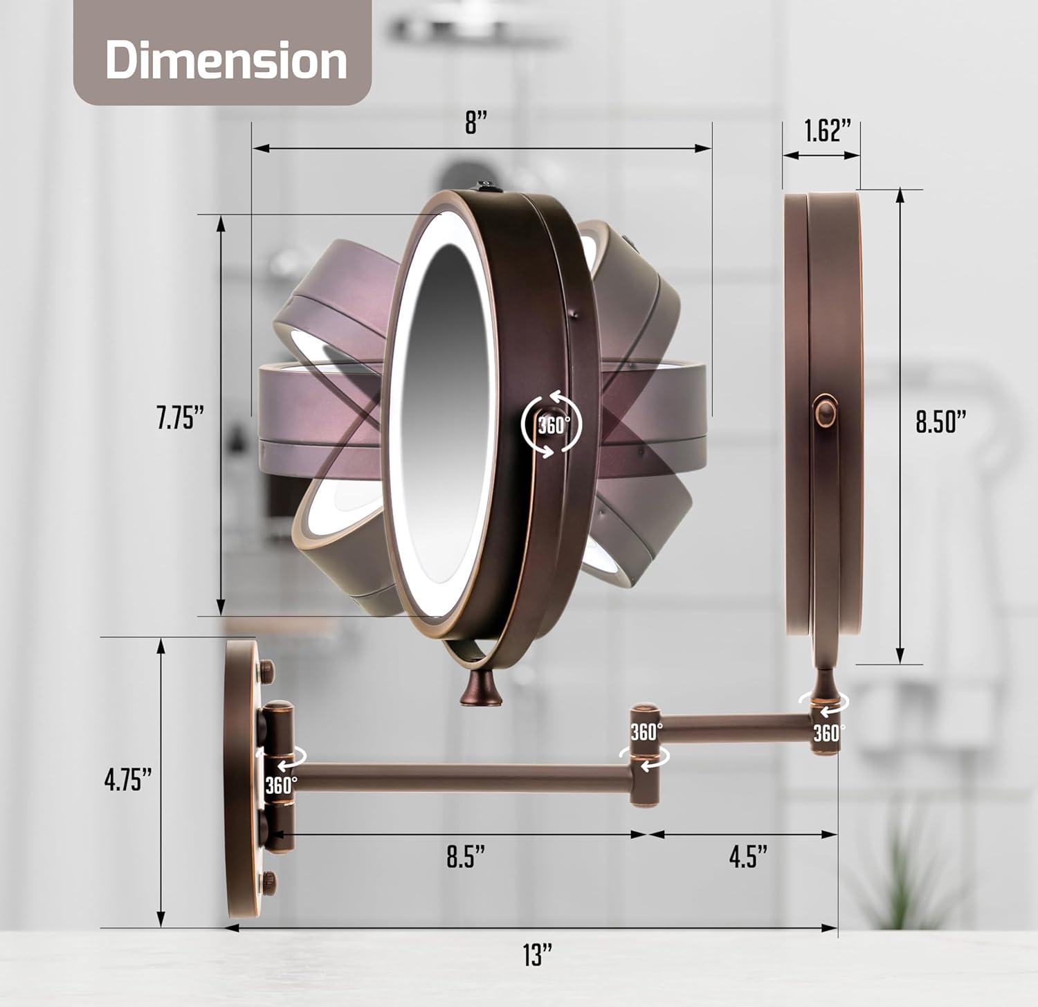 imageOVENTE Wall Mounted Lighted Makeup Mirror 9 Double Sided 1X10X Magnifying Vanity Mirror for Bathroom with LED Lights Cordless 360 Rotation and 13 Extendable Arm Polished Chrome MFW85CH1X10XAntique Bronze