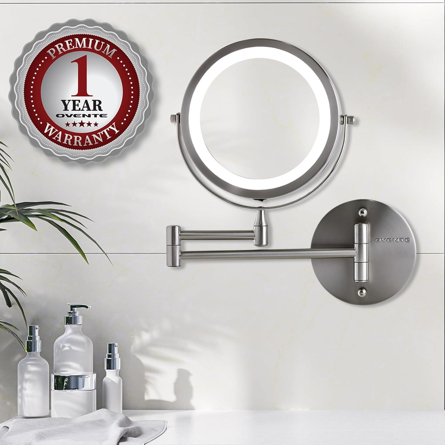 imageOVENTE Wall Mounted Lighted Makeup Mirror 9 Double Sided 1X10X Magnifying Vanity Mirror for Bathroom with LED Lights Cordless 360 Rotation and 13 Extendable Arm Polished Chrome MFW85CH1X10XNickel Brushed