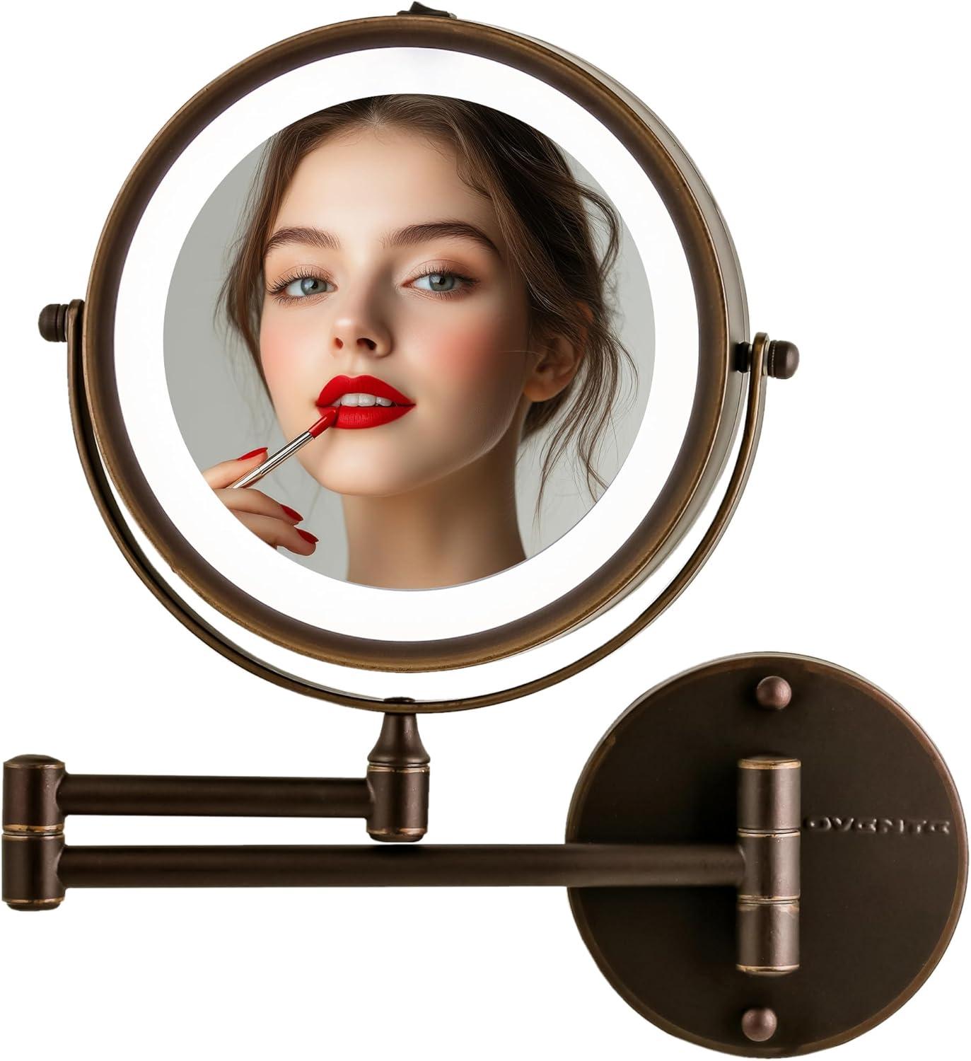 imageOVENTE Wall Mounted Lighted Makeup Mirror 9 Double Sided 1X10X Magnifying Vanity Mirror for Bathroom with LED Lights Cordless 360 Rotation and 13 Extendable Arm Polished Chrome MFW85CH1X10XAntique Bronze