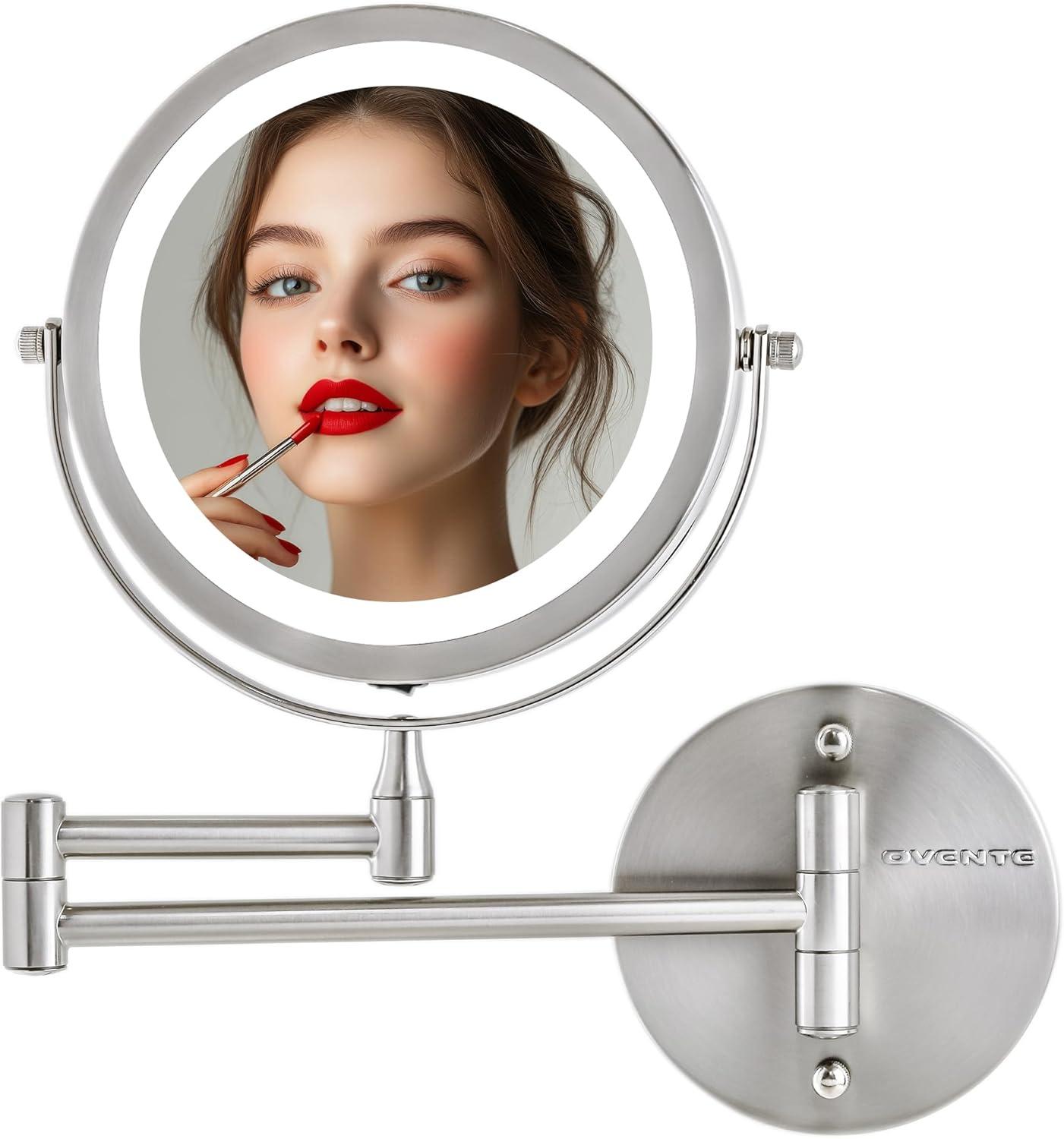 imageOVENTE Wall Mounted Lighted Makeup Mirror 9 Double Sided 1X10X Magnifying Vanity Mirror for Bathroom with LED Lights Cordless 360 Rotation and 13 Extendable Arm Polished Chrome MFW85CH1X10XNickel Brushed