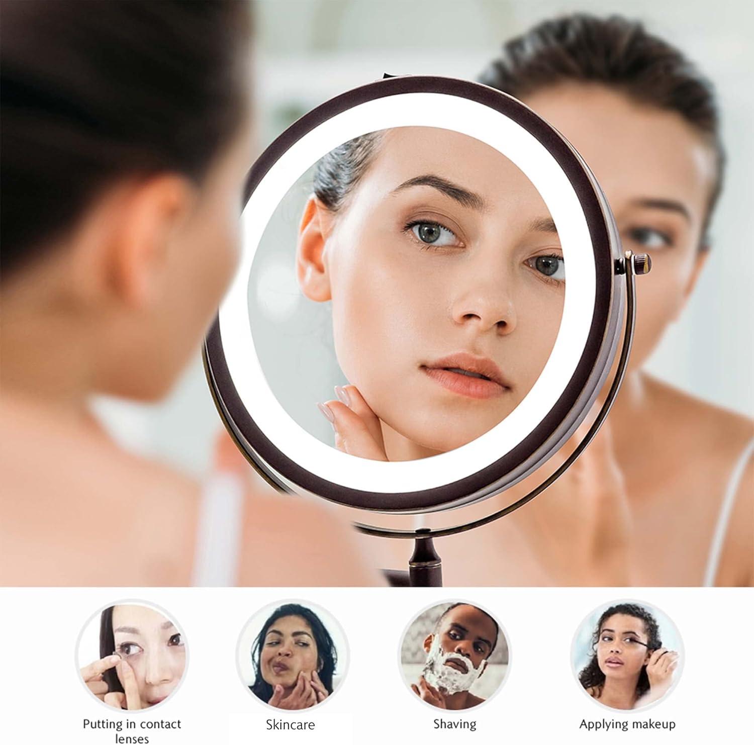 imageOVENTE Wall Mounted Lighted Makeup Mirror 9 Double Sided 1X10X Magnifying Vanity Mirror for Bathroom with LED Lights Cordless 360 Rotation and 13 Extendable Arm Polished Chrome MFW85CH1X10XAntique Bronze