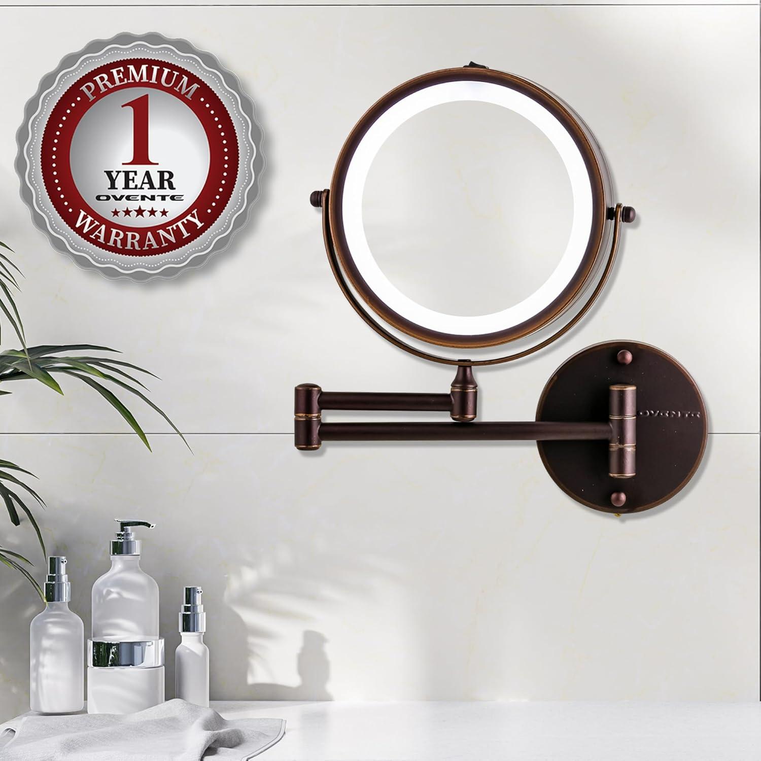 imageOVENTE Wall Mounted Lighted Makeup Mirror 9 Double Sided 1X10X Magnifying Vanity Mirror for Bathroom with LED Lights Cordless 360 Rotation and 13 Extendable Arm Polished Chrome MFW85CH1X10XAntique Bronze