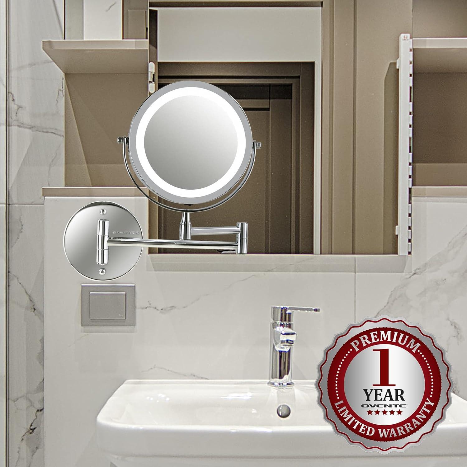 imageOVENTE Wall Mounted Lighted Makeup Mirror 9 Double Sided 1X10X Magnifying Vanity Mirror for Bathroom with LED Lights Cordless 360 Rotation and 13 Extendable Arm Polished Chrome MFW85CH1X10XPolished Chrome