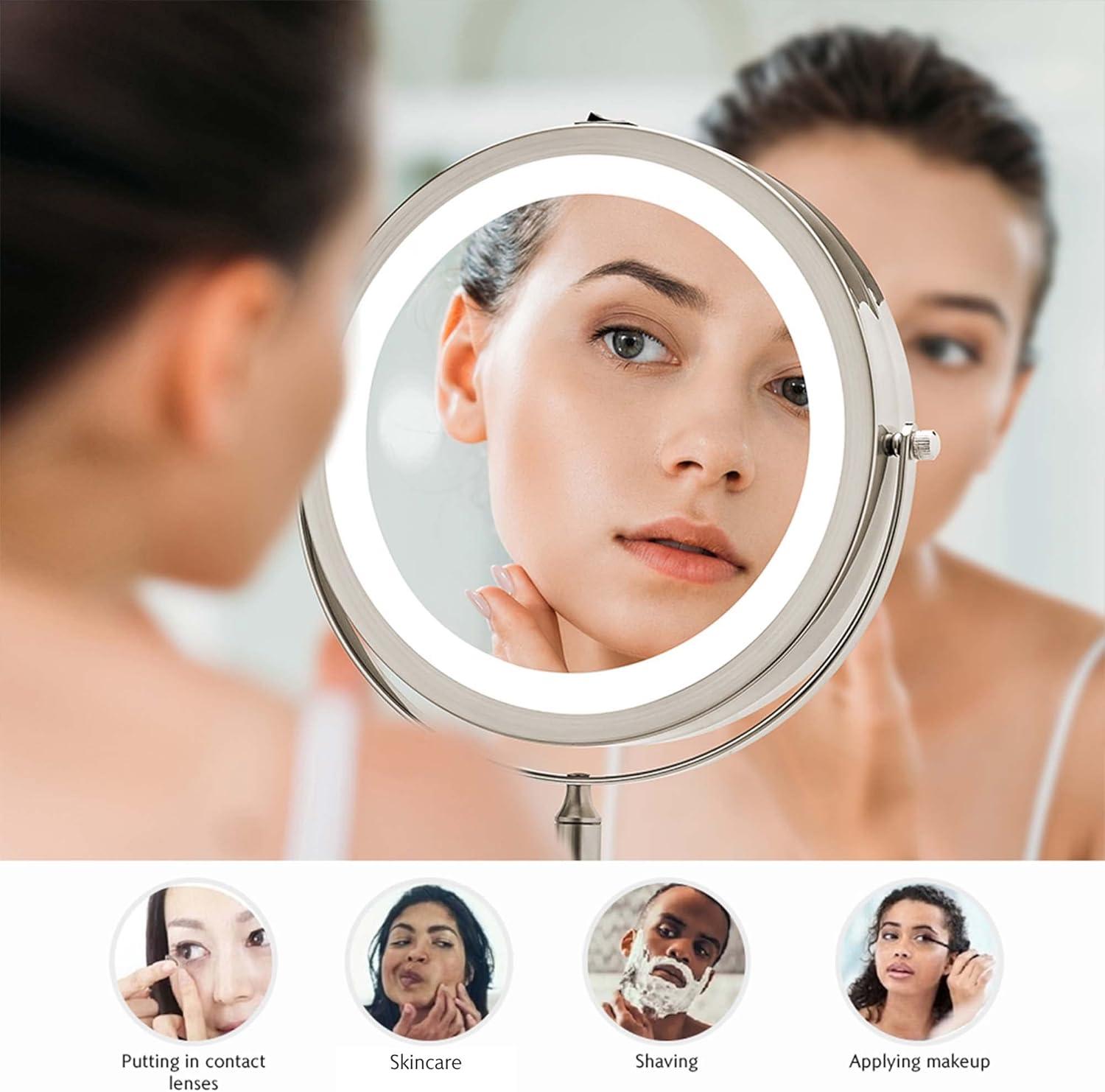 imageOVENTE Wall Mounted Lighted Makeup Mirror 9 Double Sided 1X10X Magnifying Vanity Mirror for Bathroom with LED Lights Cordless 360 Rotation and 13 Extendable Arm Polished Chrome MFW85CH1X10XNickel Brushed
