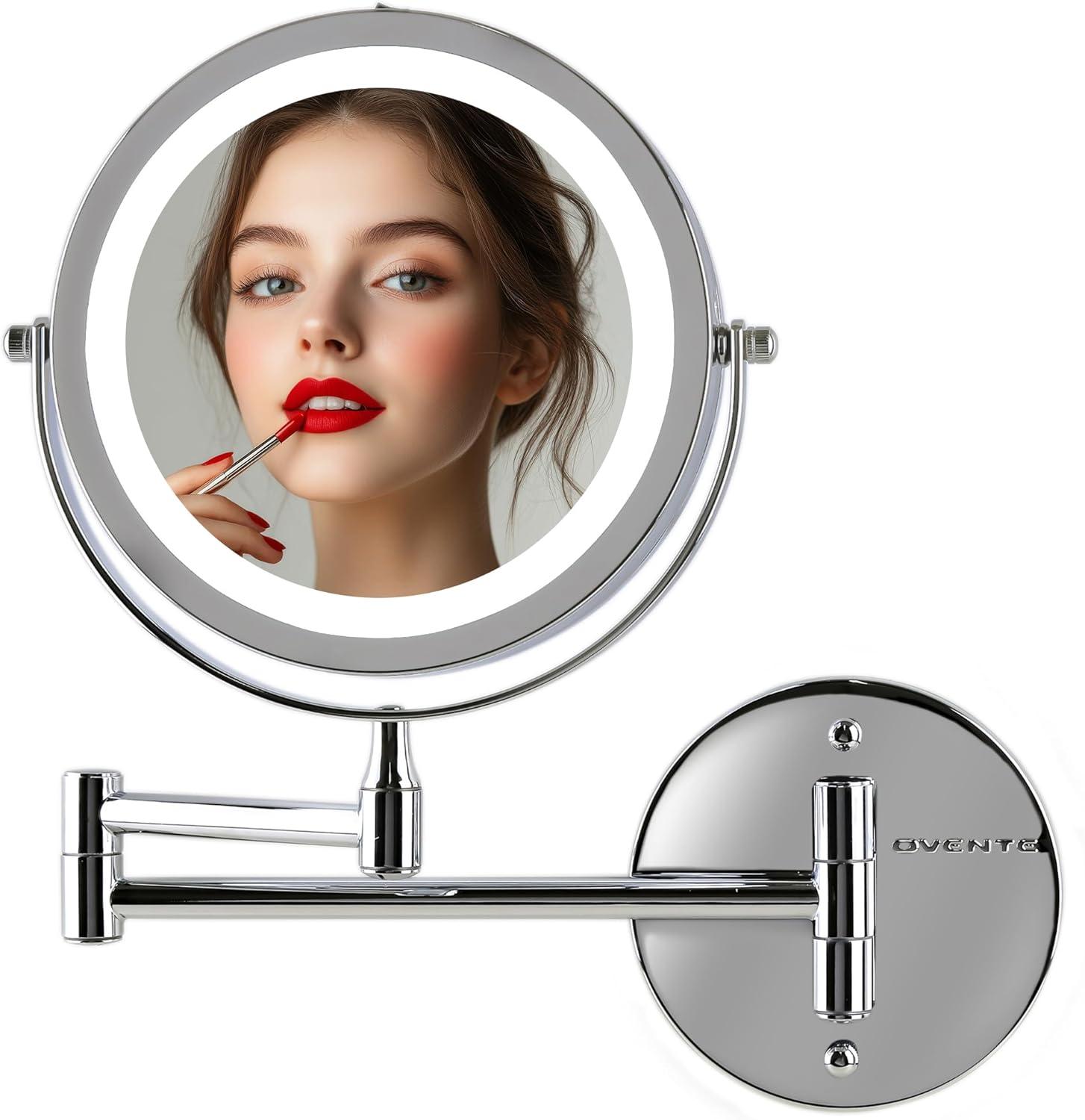 imageOVENTE Wall Mounted Lighted Makeup Mirror 9 Double Sided 1X10X Magnifying Vanity Mirror for Bathroom with LED Lights Cordless 360 Rotation and 13 Extendable Arm Polished Chrome MFW85CH1X10XPolished Chrome