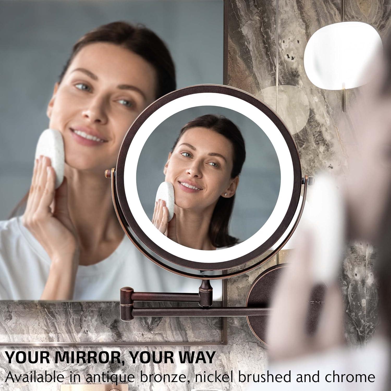 imageOVENTE Wall Mounted Lighted Makeup Mirror 9 Double Sided 1X10X Magnifying Vanity Mirror for Bathroom with LED Lights Cordless 360 Rotation and 13 Extendable Arm Polished Chrome MFW85CH1X10XAntique Bronze