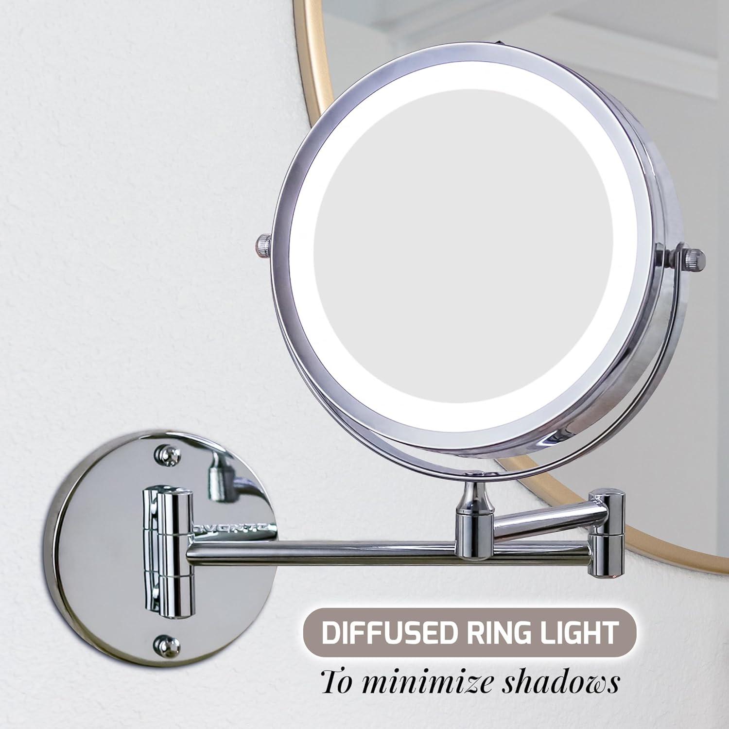 imageOVENTE Wall Mounted Lighted Makeup Mirror 9 Double Sided 1X10X Magnifying Vanity Mirror for Bathroom with LED Lights Cordless 360 Rotation and 13 Extendable Arm Polished Chrome MFW85CH1X10XPolished Chrome