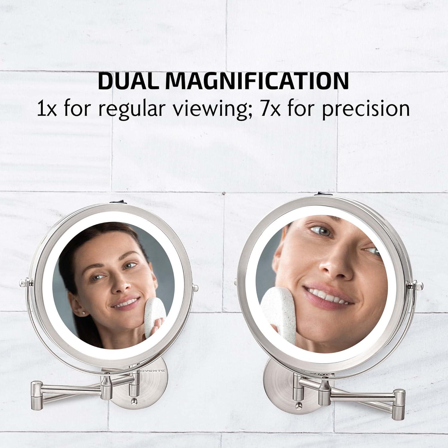 imageOVENTE Wall Mounted Lighted Makeup Mirror 9 Double Sided 1X10X Magnifying Vanity Mirror for Bathroom with LED Lights Cordless 360 Rotation and 13 Extendable Arm Polished Chrome MFW85CH1X10XNickel Brushed