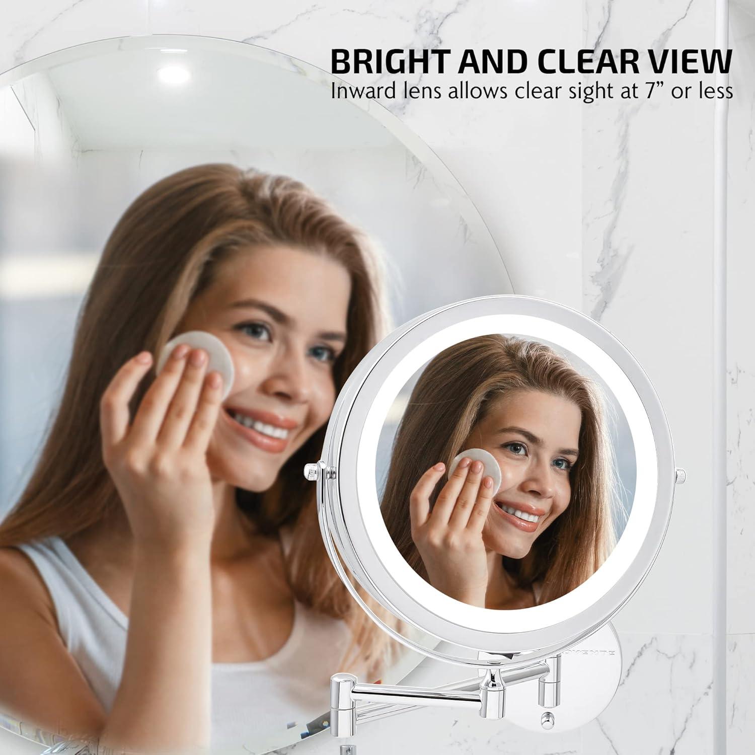 imageOVENTE Wall Mounted Lighted Makeup Mirror 9 Double Sided 1X10X Magnifying Vanity Mirror for Bathroom with LED Lights Cordless 360 Rotation and 13 Extendable Arm Polished Chrome MFW85CH1X10XPolished Chrome