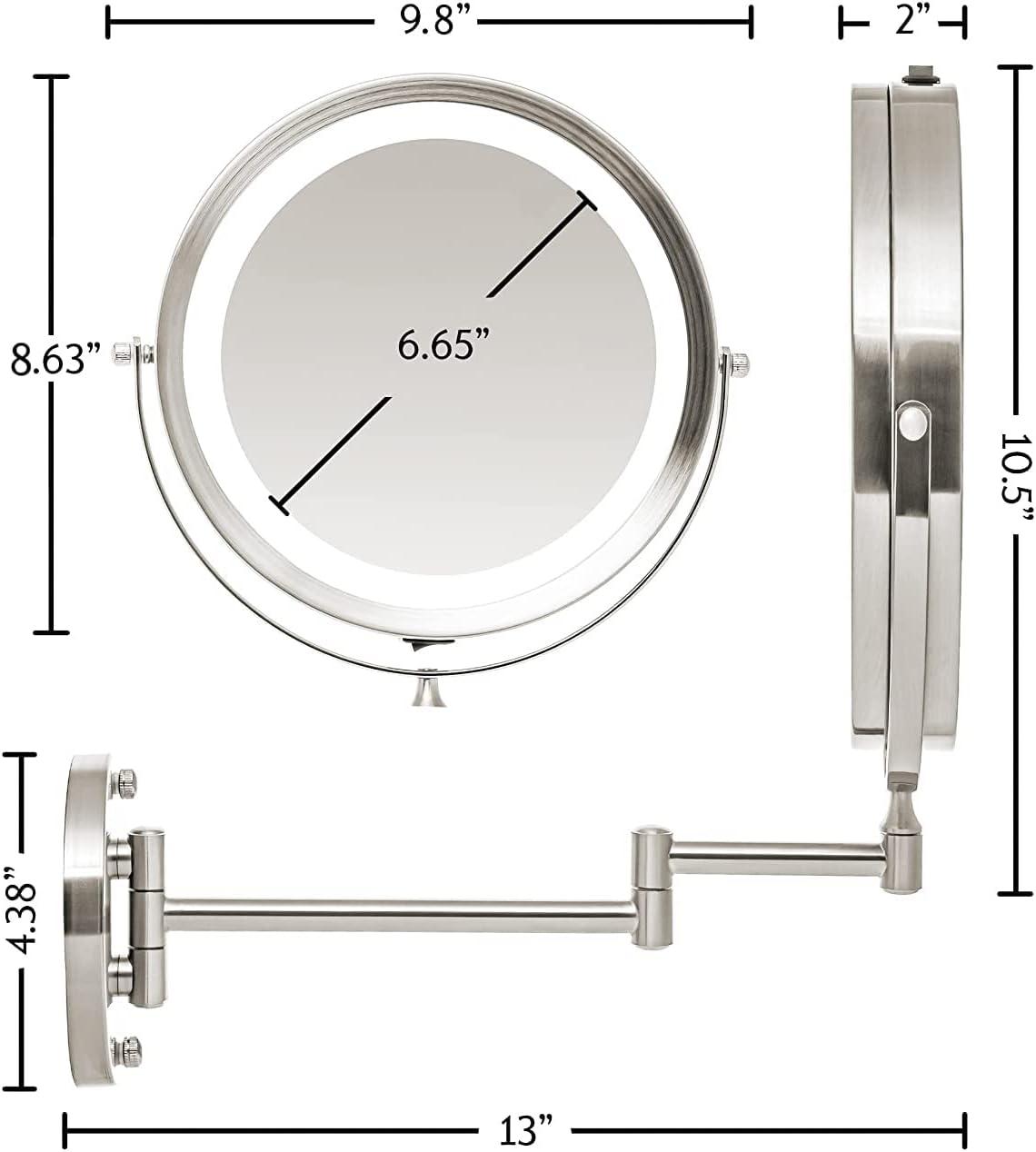imageOVENTE Wall Mounted Lighted Makeup Mirror 9 Double Sided 1X10X Magnifying Vanity Mirror for Bathroom with LED Lights Cordless 360 Rotation and 13 Extendable Arm Polished Chrome MFW85CH1X10XNickel Brushed