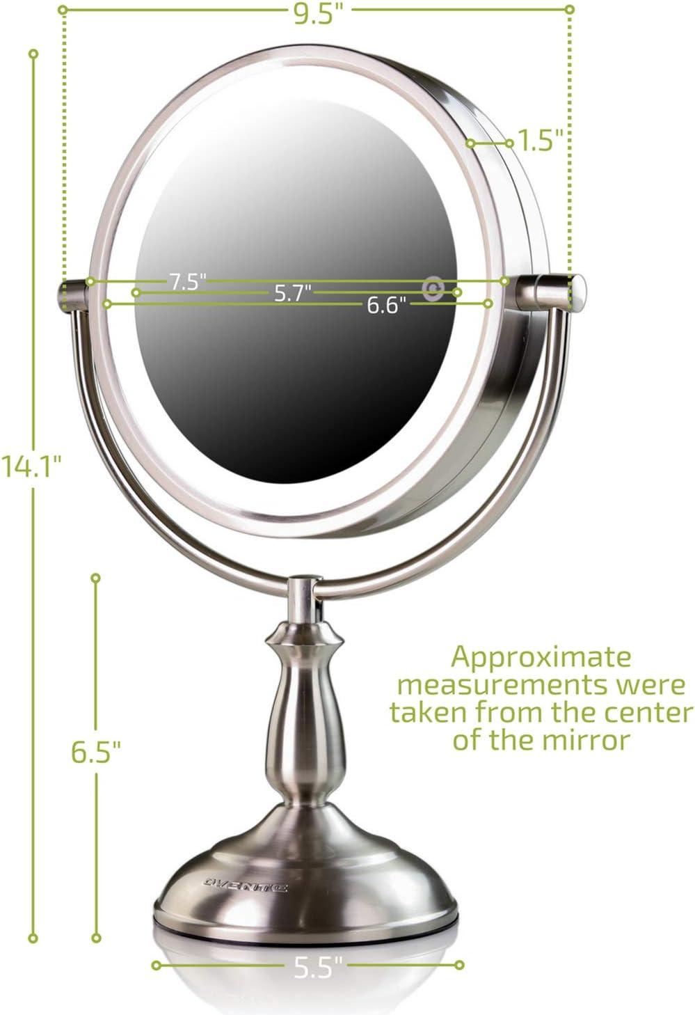 imageOvente 75 Lighted Tabletop Vanity Makeup Mirror 1X amp 7X Magnifier Spinning Double Sided Round LED 3 Tone Smart Touch Auto Shut Off Timer Battery amp AC Plug Operated Nickel Brushed MPT75BR1X7XNickel Brushed